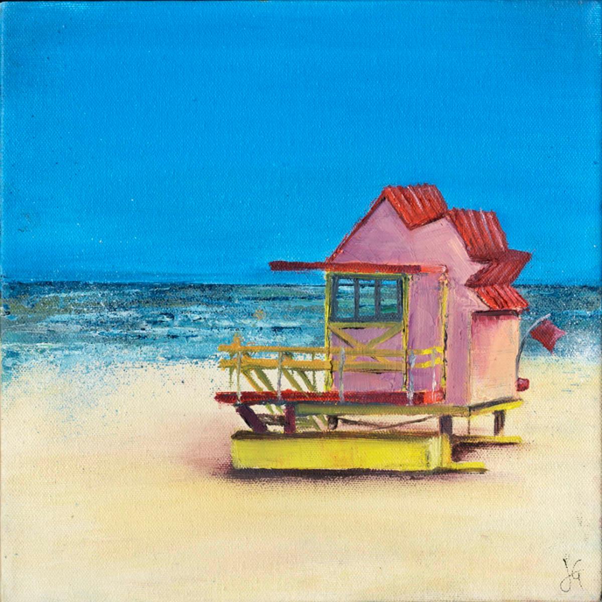 Janette George Landscape Painting - Beach Hut – Pink BY JANETTE GEORGE, Seaside Art for Sale, Affordable OriginalArt