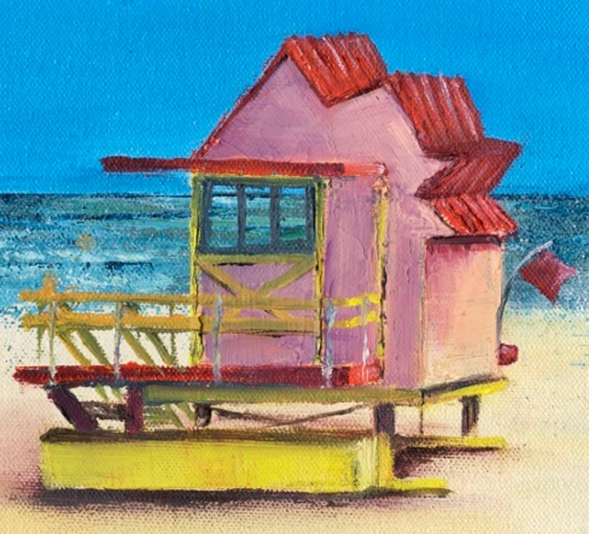 Beach Hut – Pink BY JANETTE GEORGE, Seaside Art for Sale, Affordable OriginalArt - Blue Landscape Painting by Janette George