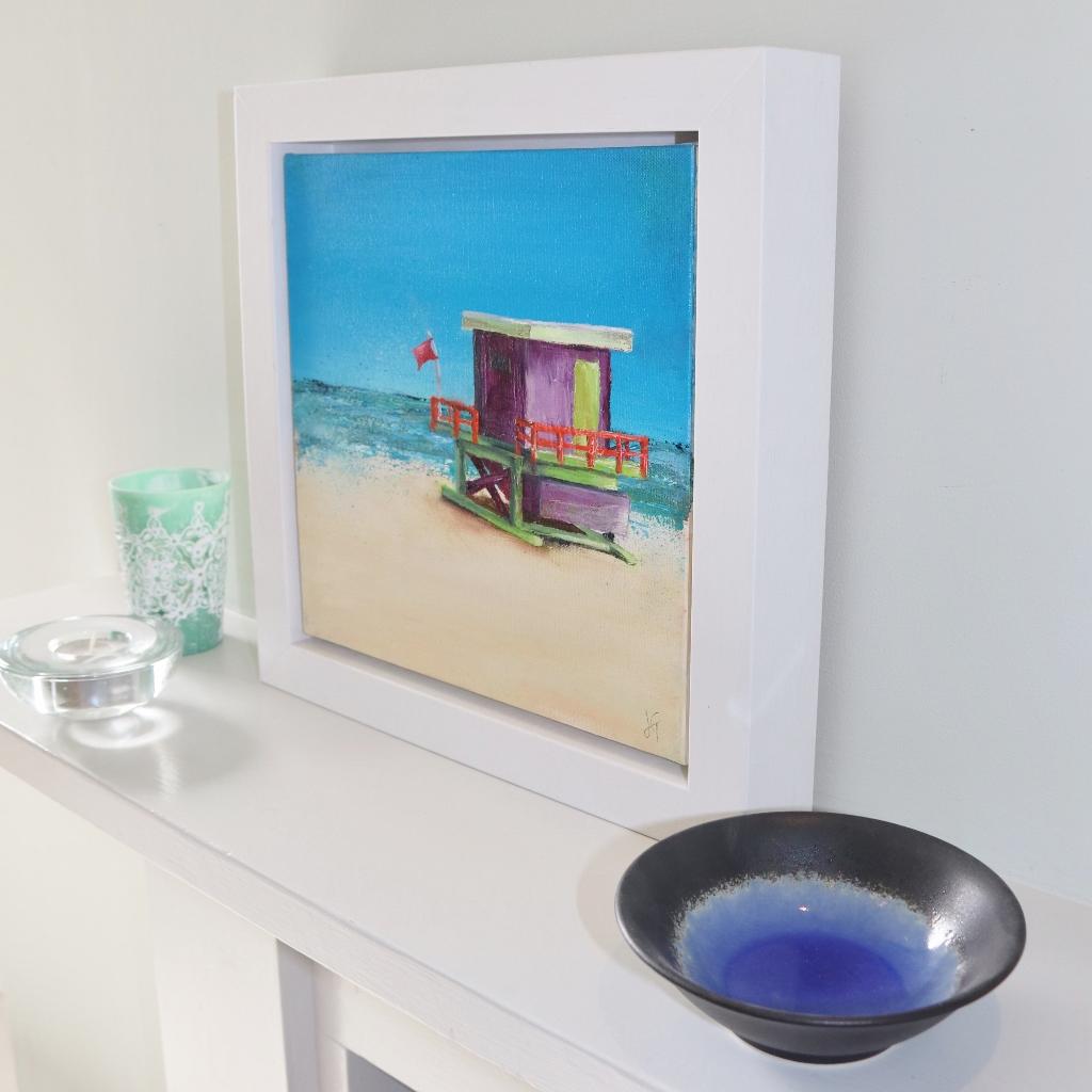 Beach Hut Purple BY JANETTE GEORGE, Original Contemporary Seascape Painting - Blue Landscape Painting by Janette George