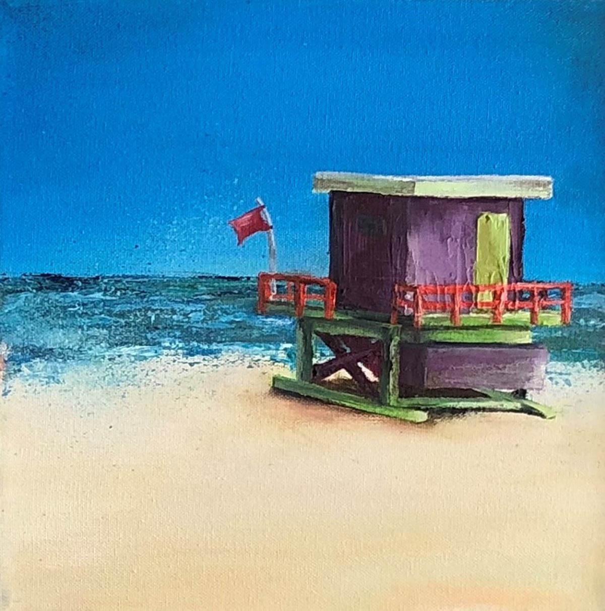 Janette George Landscape Painting - Beach Hut Purple BY JANETTE GEORGE, Original Contemporary Seascape Painting
