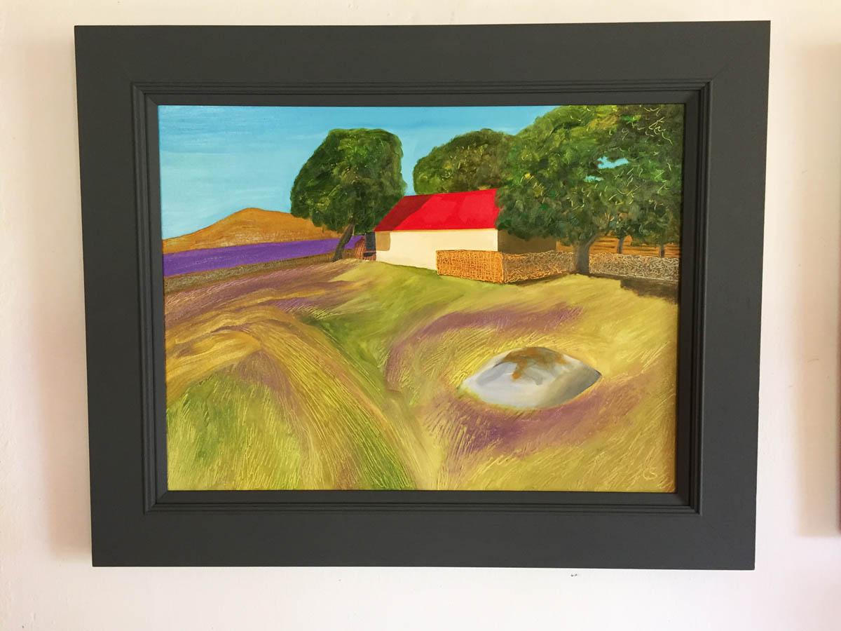 Red roof barn, Dartmoor BY CHRISTO SHARPE, Original Naive Landscape Painting For Sale 1
