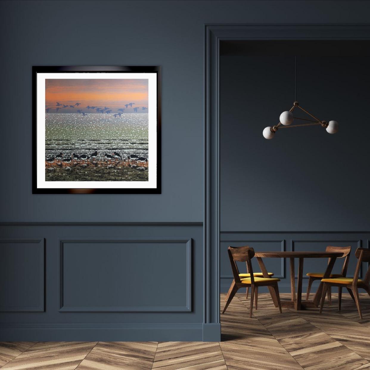 Oyster Catchers with Geese BY MARK A PEARCE, Limited Edition Print, Seascape Art - Gray Interior Print by Mark Pearce