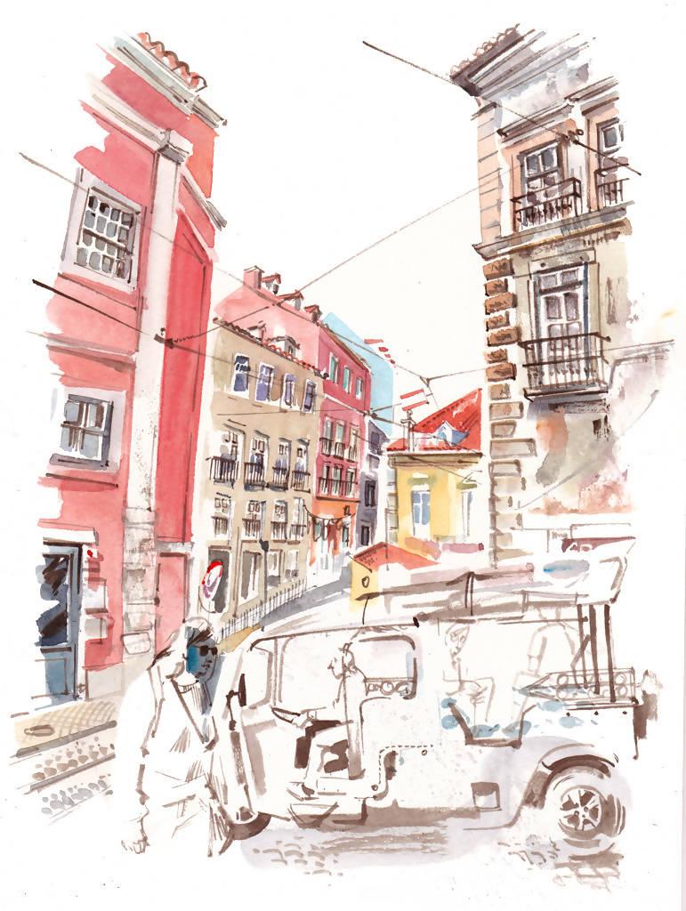 Abstract Painting Gary Wing - Street de Lisbonne parARY WING, Art architectural, peinture à l'aquarelle, traditionnel