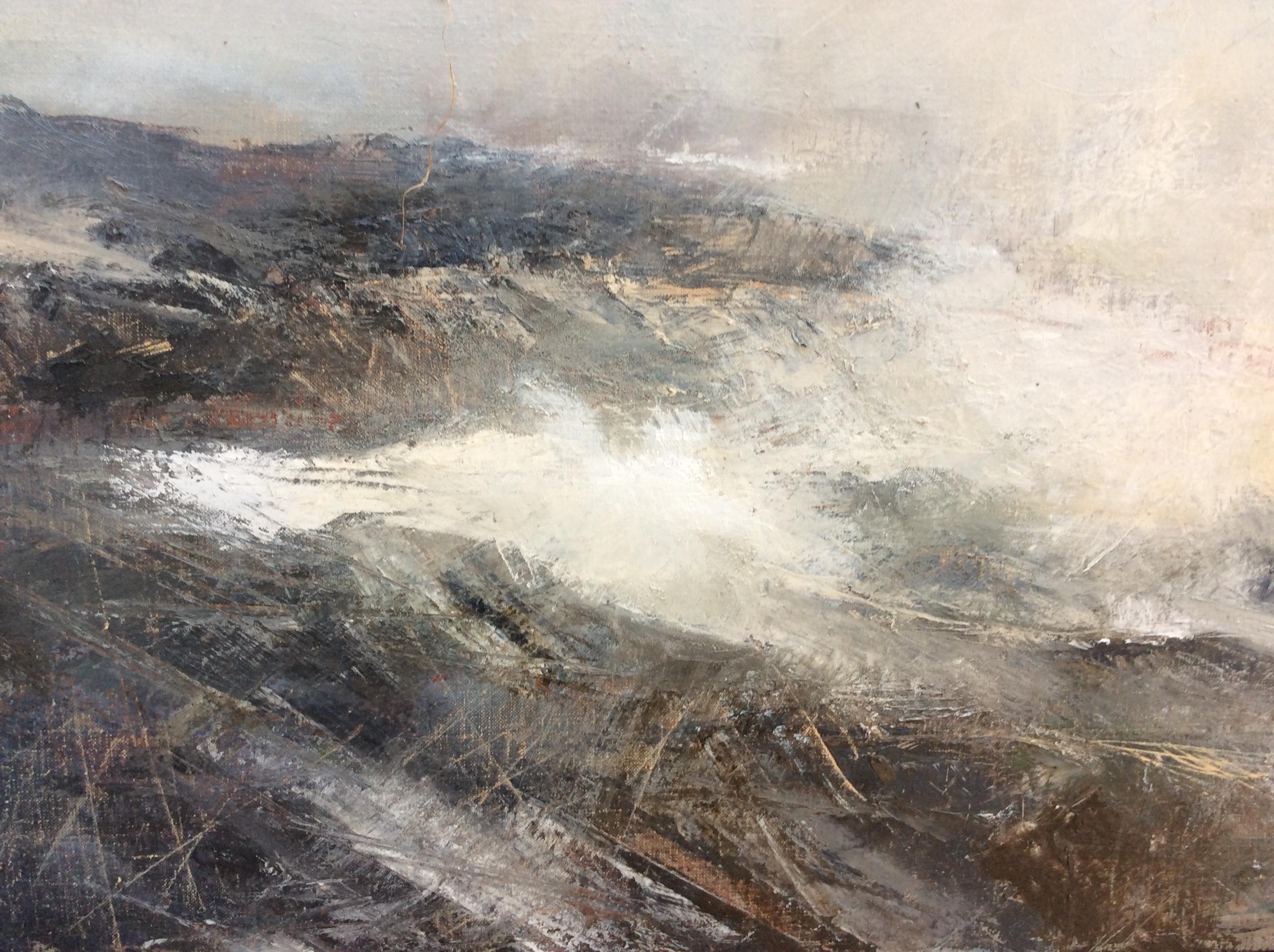 Framed in dark charcoal tray frame.
This original oil painting on canvas, a seascape based on the bleak and often romantic outer reaches of the U.K, was inspired by the sense of place and timelessness offered by remote islands. Underlying the the