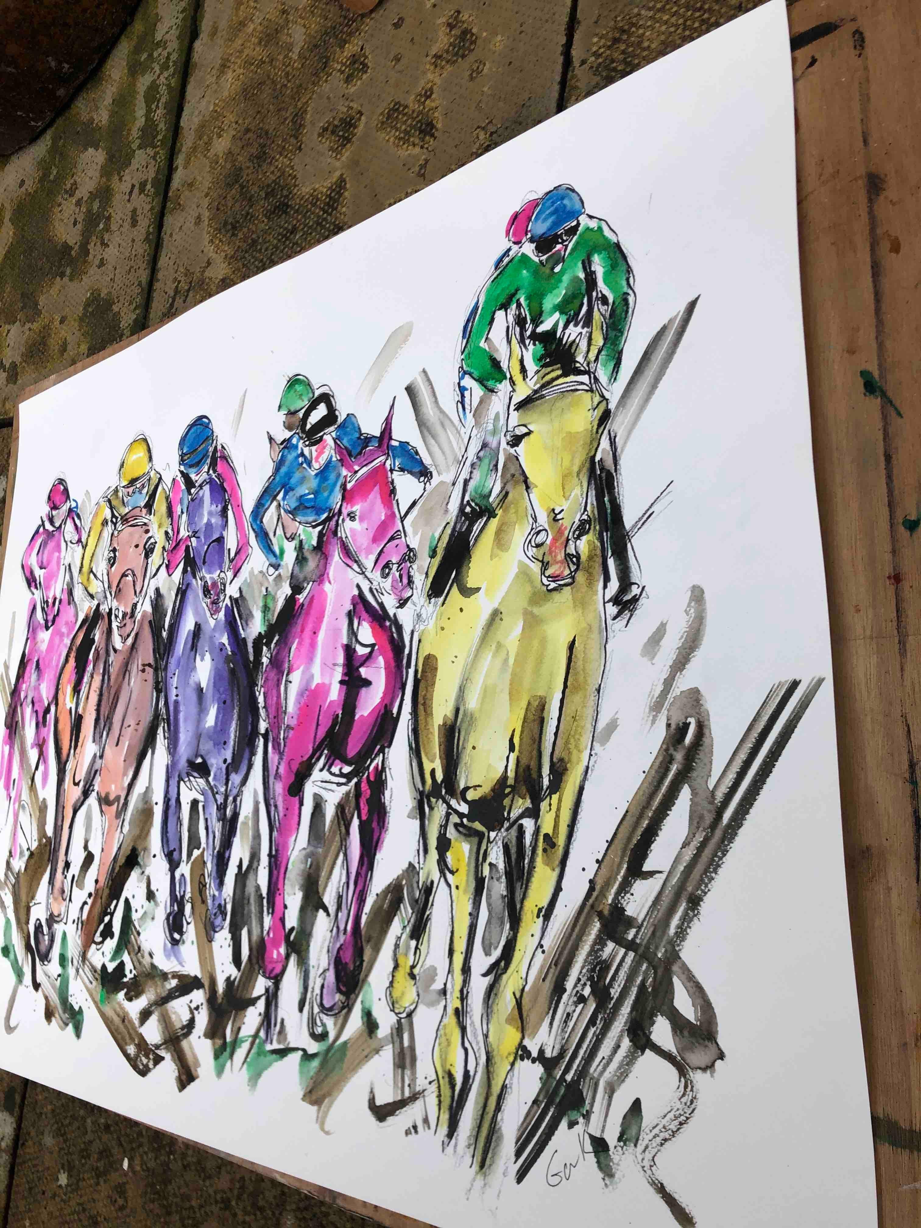 Garth Bayley, Kicking Up the Mud, Horse Racing Painting, Animal Art For Sale 2