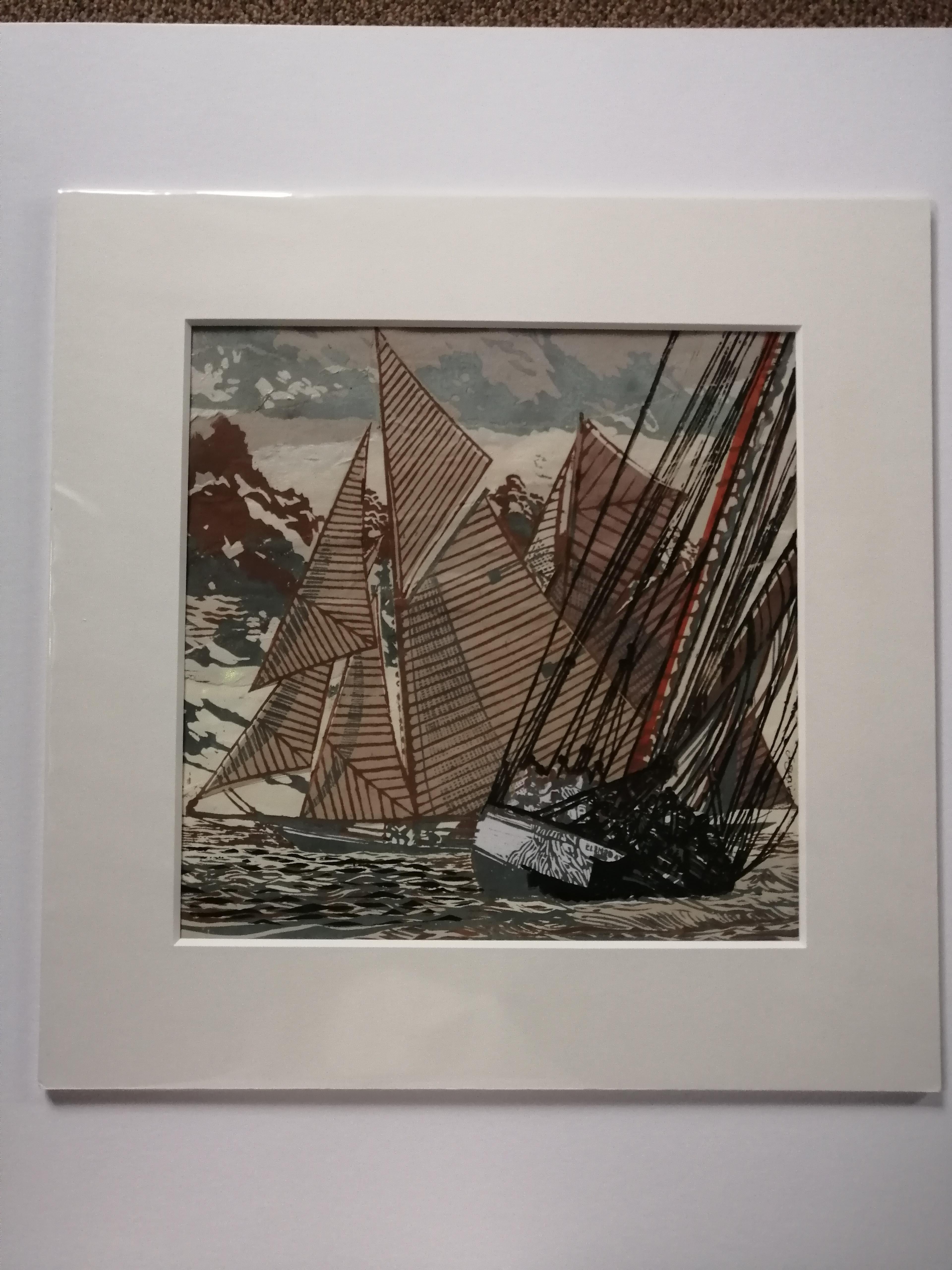 Images of sail printed by linocut on collage every print is in itself an original.

Having cut a series of lino blocks, I prepare collage backgrounds. I handprint onto the collages, which are made up of coloured, textured and decorative