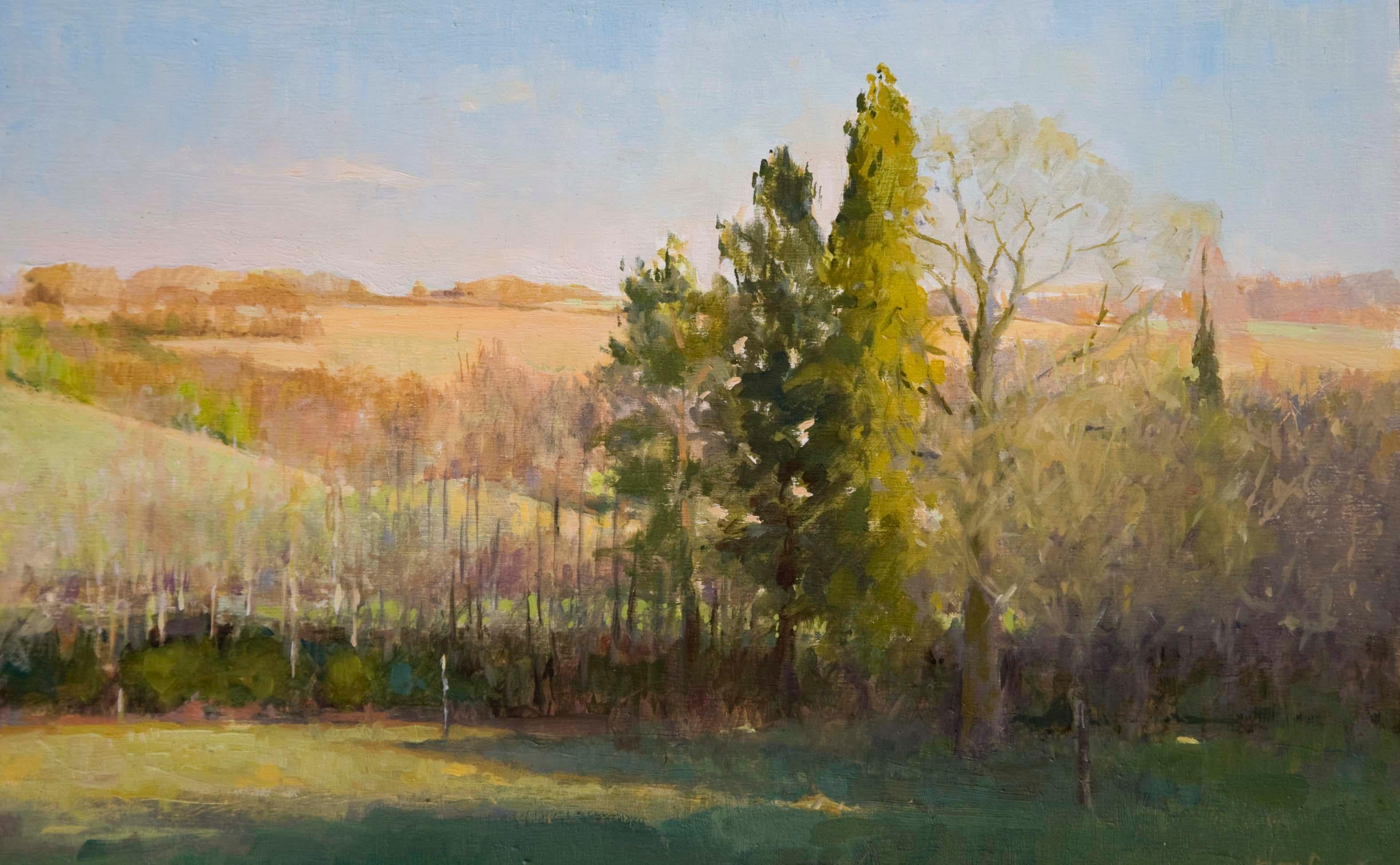 Anna Dennis Landscape Painting - Afternoon Light over Marridge Hill, Wiltshire