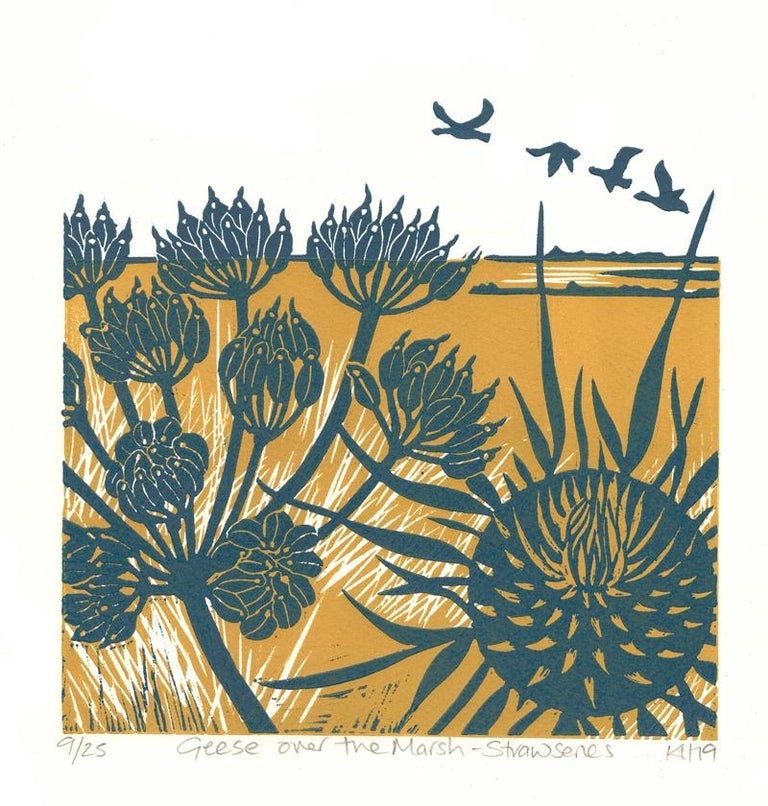 Kate Heiss - Geese Over the Marsh by Kate Heiss, Linocut print, nature,  bird, contemporary For Sale at 1stDibs