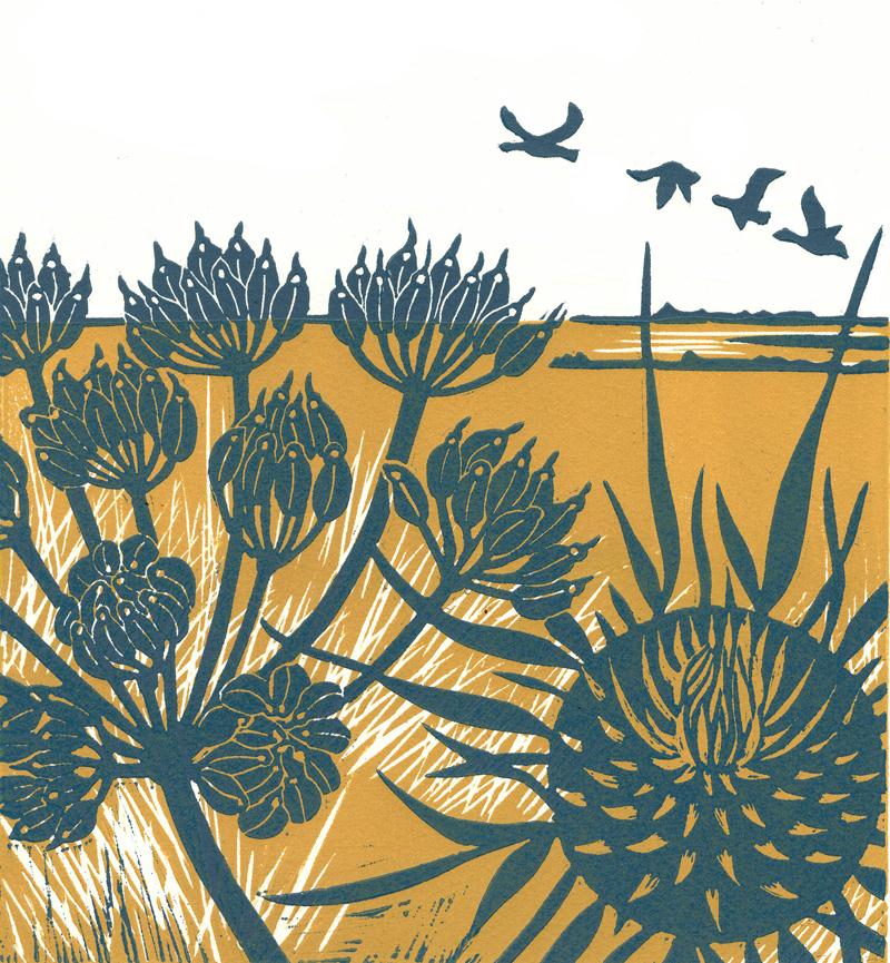Kate Heiss
Geese over the Marsh
Linocut

Edition of 25
Printed with oil based relief inks on 300gsm soft white Somerset velvet paper.
Mounted
Unframed
Signed and dated on the front
Image size 20 x 20cm
Mounted size 30 x 30cm

Linocut Print – A