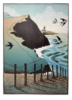Ian Phillips, Coast Path, Limited Edition Seaside Print, Blue Art, Bold Art