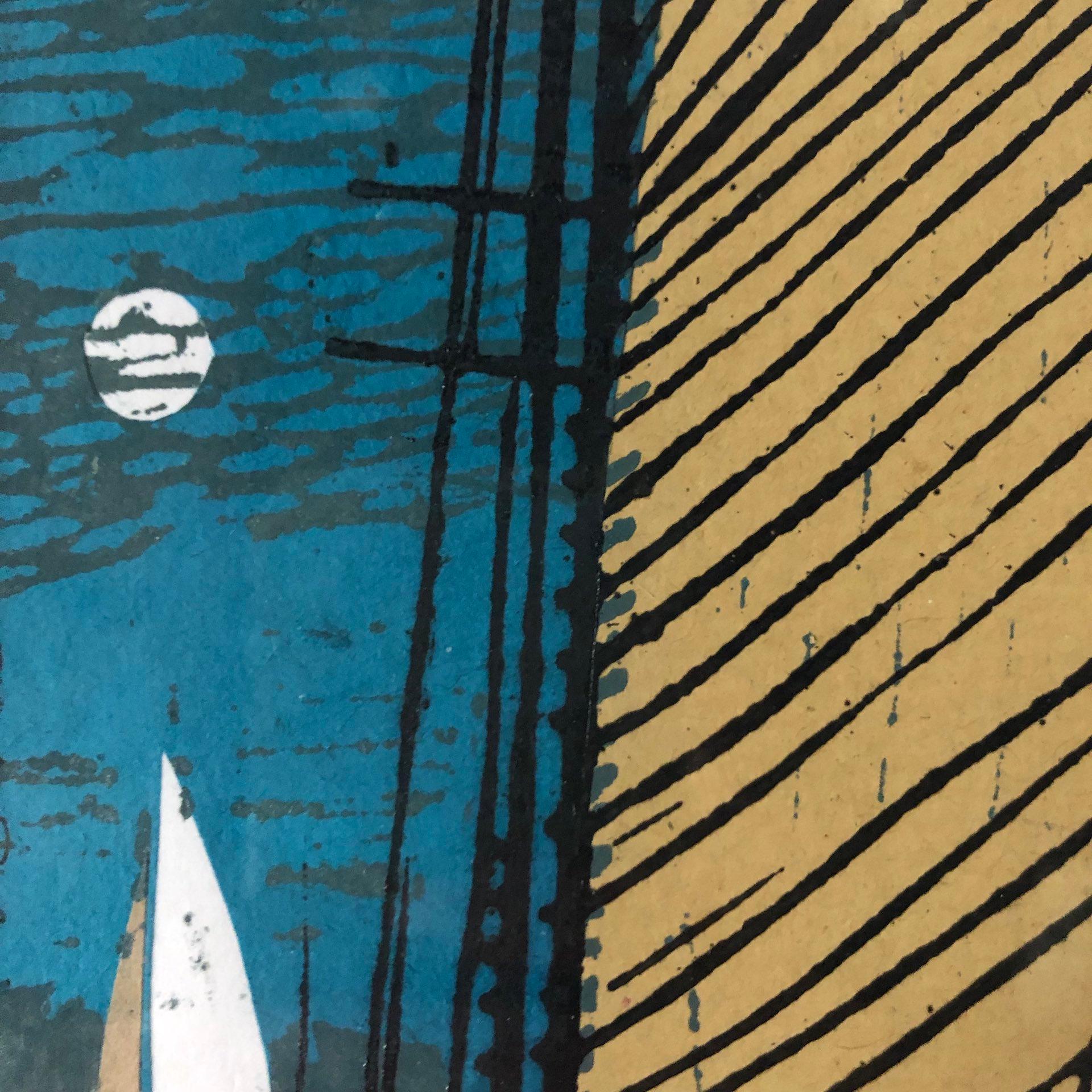  John Scott Martin
Mariette Sails By Moonlight
Unique Linocut Prints
Linocut on Collage
Image Size: H 20cm x W 20cm x D 0.3cm
Mounted Size: H 34.5cm x W 34cm x D 0.3cm
Sold Unframed

 

Mariette Sails By Moonlight is a unique linocut print on