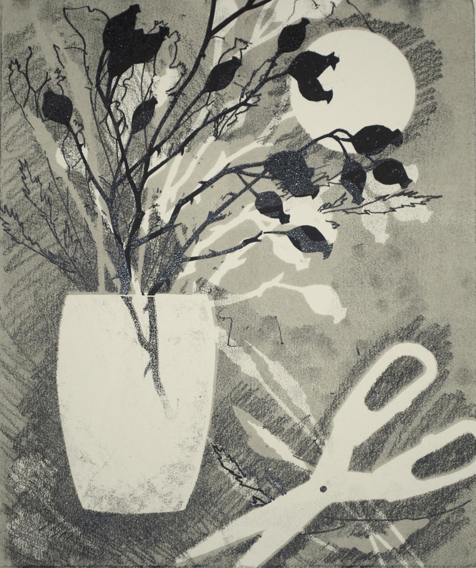 Rosehips BY ROSEMARY FARRER, Monoprint, Floral Art, Monotone Art, Minimalist Art