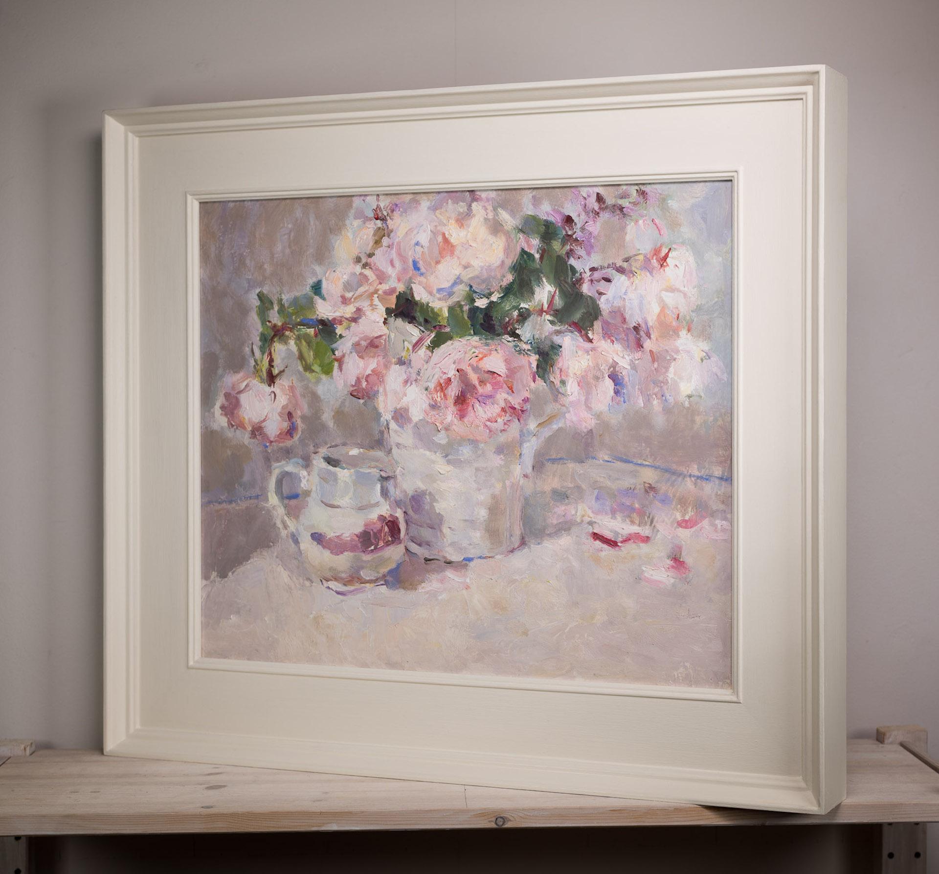 Spring Roses BY LYNNE CARTLIDGE, Flower Art, Affordable Original Painting - Brown Still-Life Painting by Lynne Cartlidge