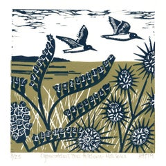 Oystercatchers Over Holkham by Kate Heiss, Linocut, Norfolk, Marshes, Seascape, 