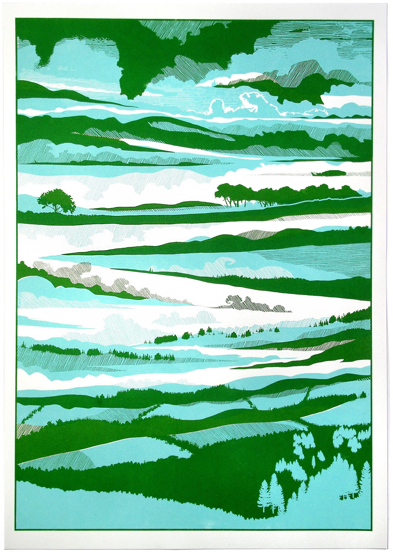 Chris Keegan, Under The Clouds, Bright Artwork, Blue and Green Print, Sky Art