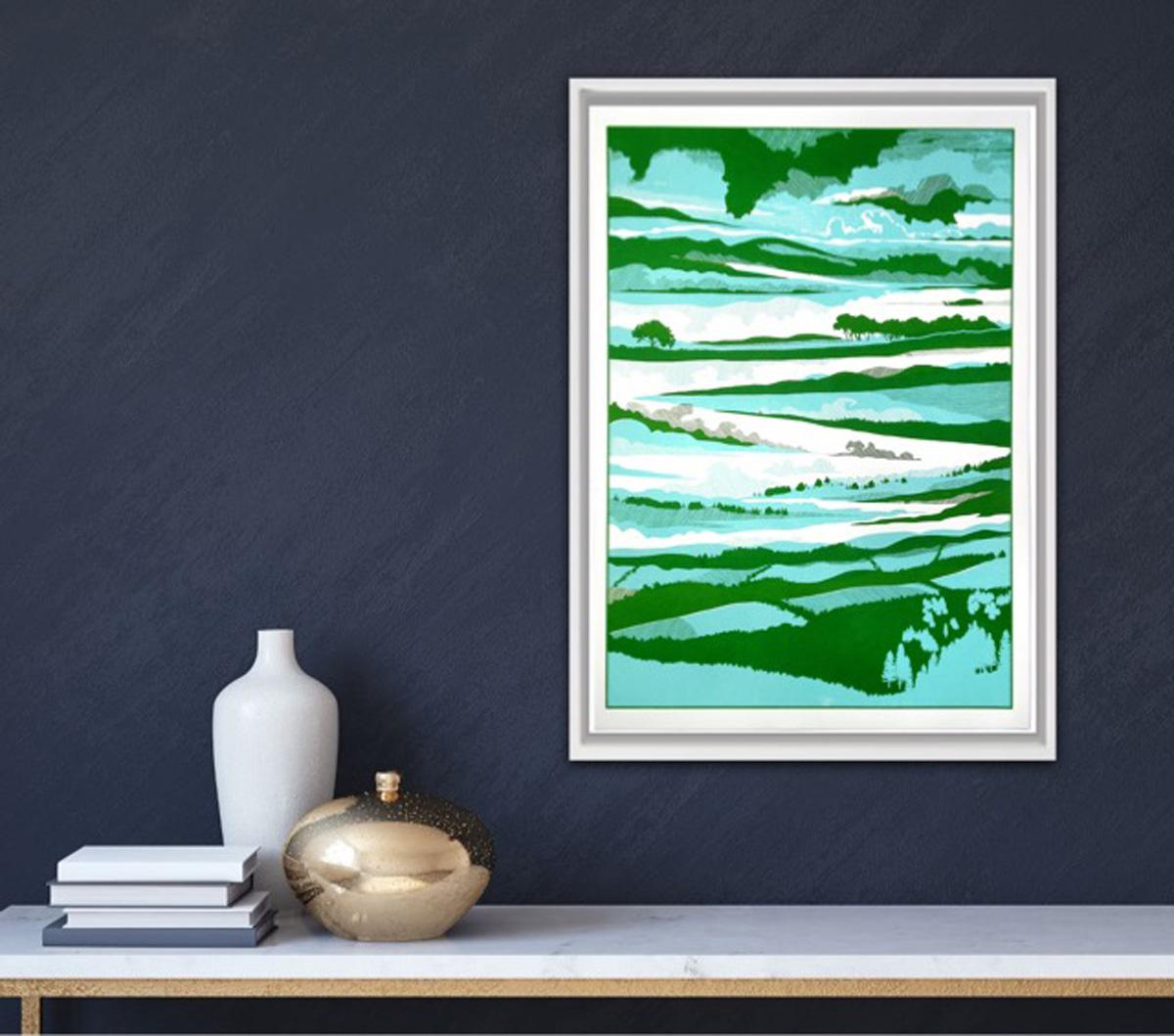 Chris Keegan, Under The Clouds, Bright Artwork, Blue and Green Print, Sky Art For Sale 3