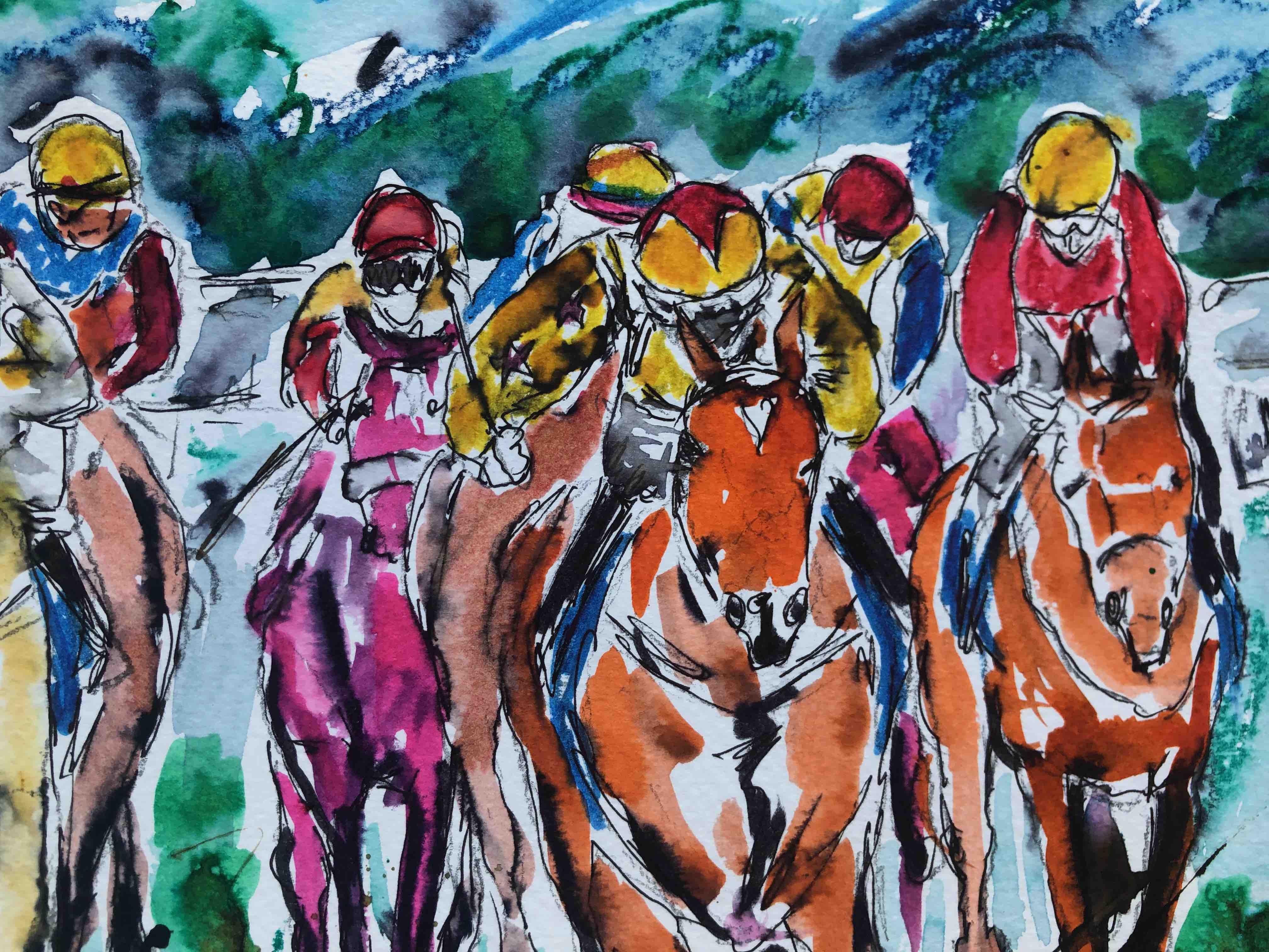 Bumper Race, Garth Bayley, Horse Racing Painting, Bright Animal Art, Equine Art For Sale 3