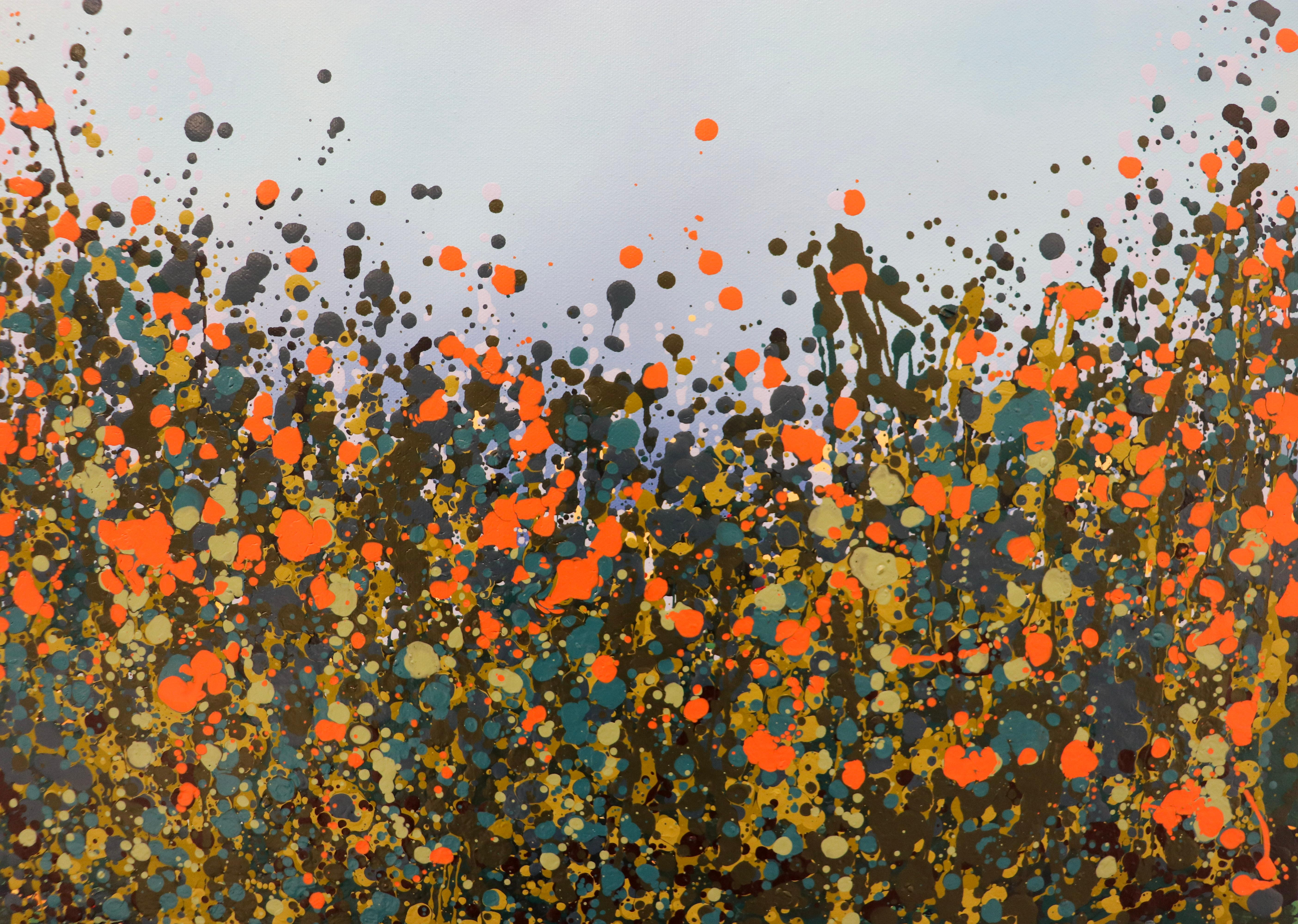 Orange Poppies BY SOPHIE BERGER, Bright Art, Abstract Landscape Painting - Gray Abstract Painting by Sophie Berger