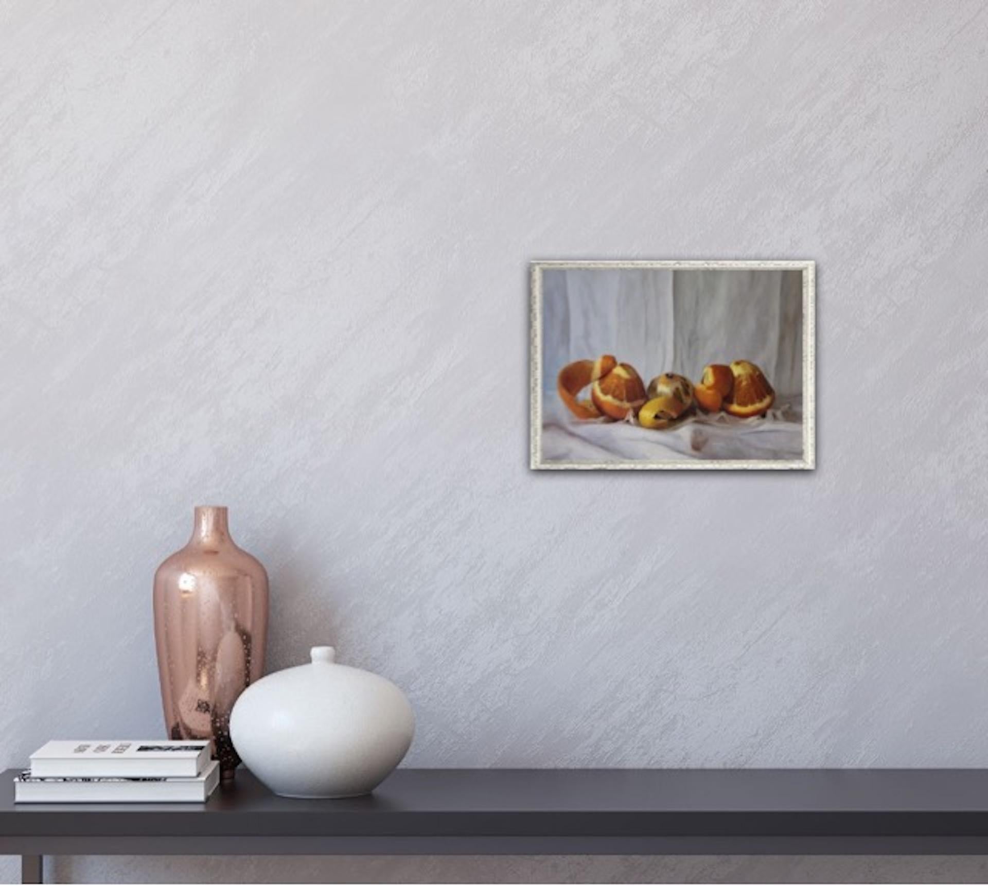 Kate Verrion
Two Seville Oranges and A Lemon
Original Still Life Painting
Oil Paint on Board
Image Size: H 15cm x W 20cm x D 2.5cm
Framed Size: H 21.5cm x W 27cm x D 5.5cm
Sold Framed in a Warm Grey Box Frame

Two Seville Oranges and A Lemon is an