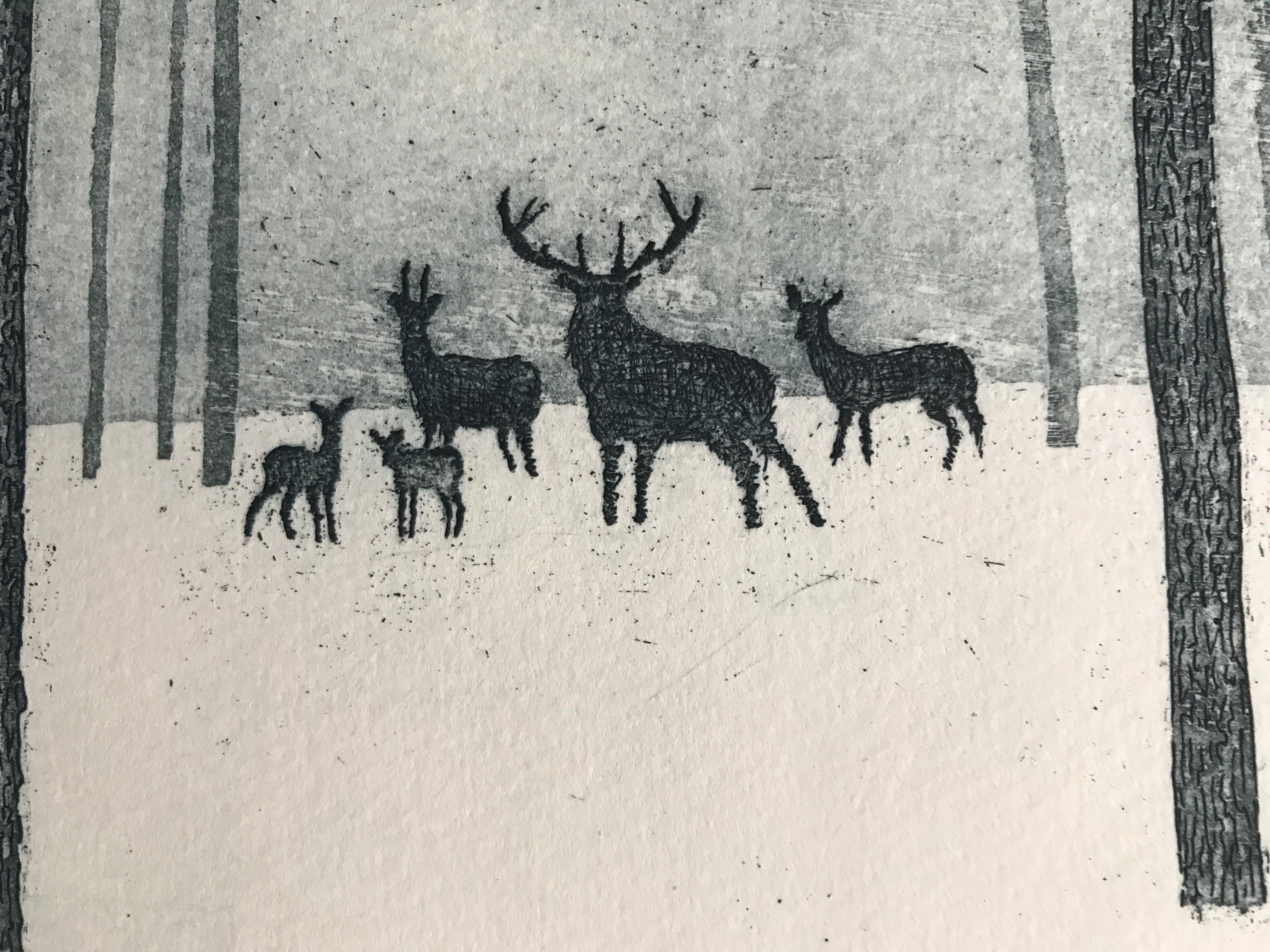 Tim Southall, Ciervo en invierno, Grabado contemporáneo, Impresión animal, Arte asequible en venta 4