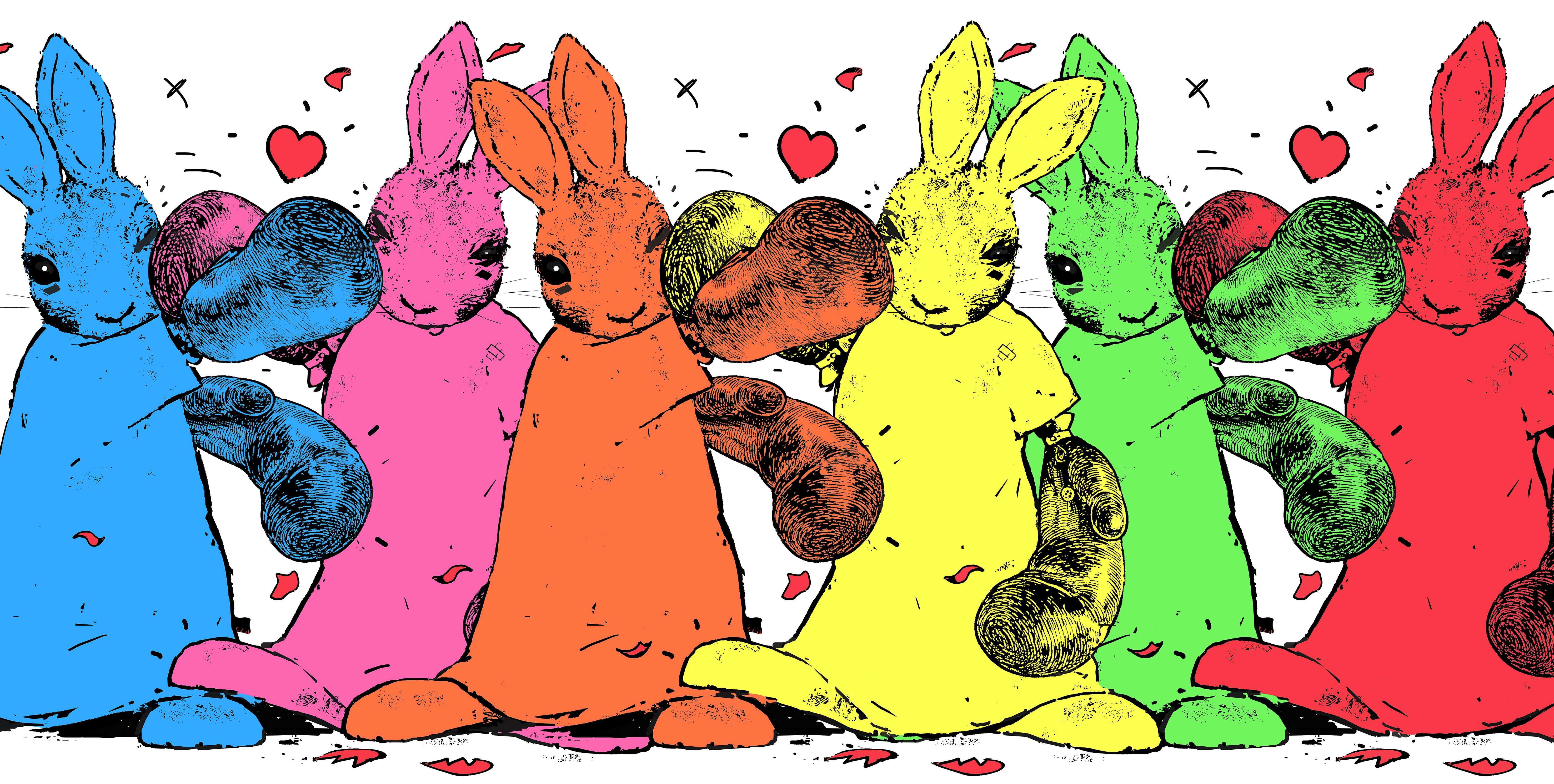 Harry Bunce
United Colours of Bunny Town
Limited Edition Silkscreen Print on 315gsm Heritage White paper
Edition of 45 worldwide
Seven Colour Hand-Pulled Silkscreen Print
Artist stamped/signed and numbered
Image Size: H 40cm x W 87.5cm
Sheet Size: H