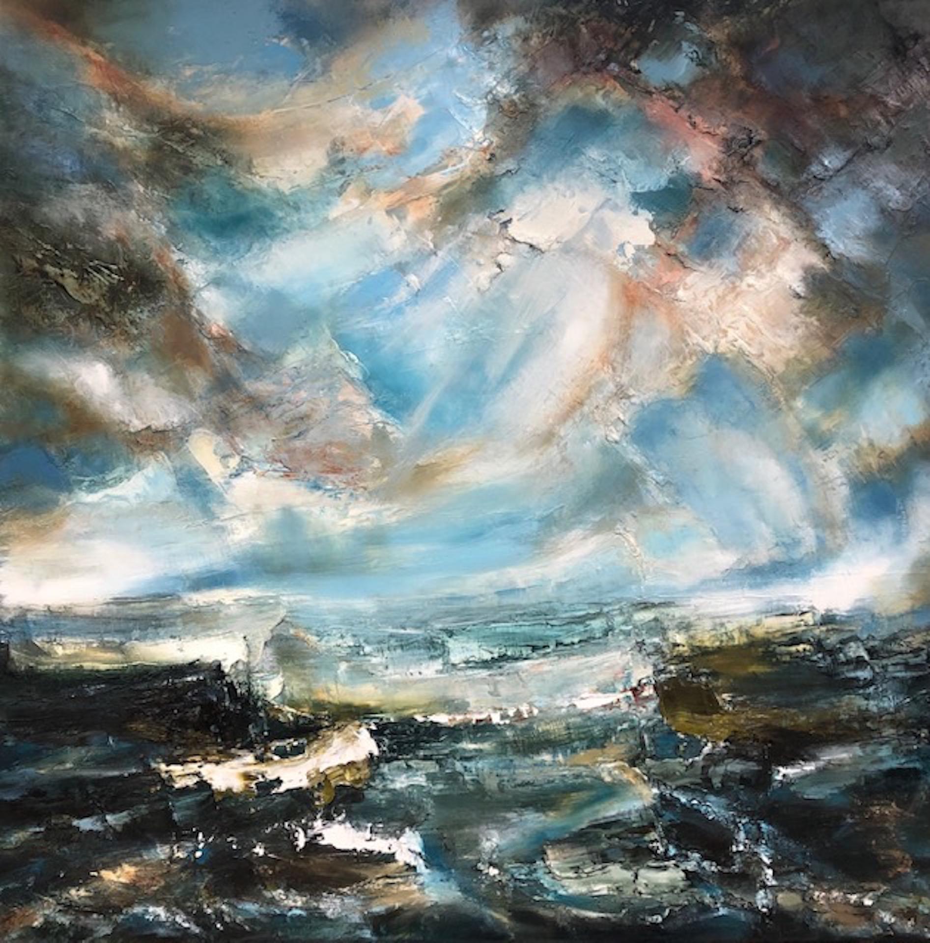 Helen Howells - « Gathering Storm », peinture originale de paysage marin, art bleu texturé