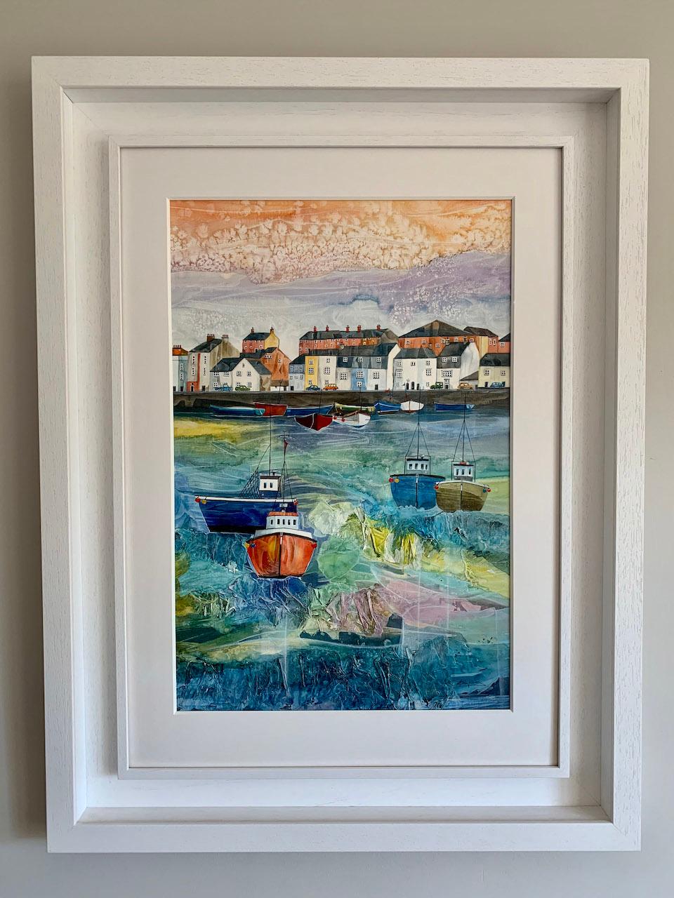 Weymouth Harbour, Dorset.
Original harbour painting.
Mixed Media on board (Gesso, acrylic and acrylic inks).
Image Size. 51cm x 38cm.
Framed size. 75cm x 57cm x 4cm.
Sold framed – Beautifully framed in a triple white wooden moulding with
