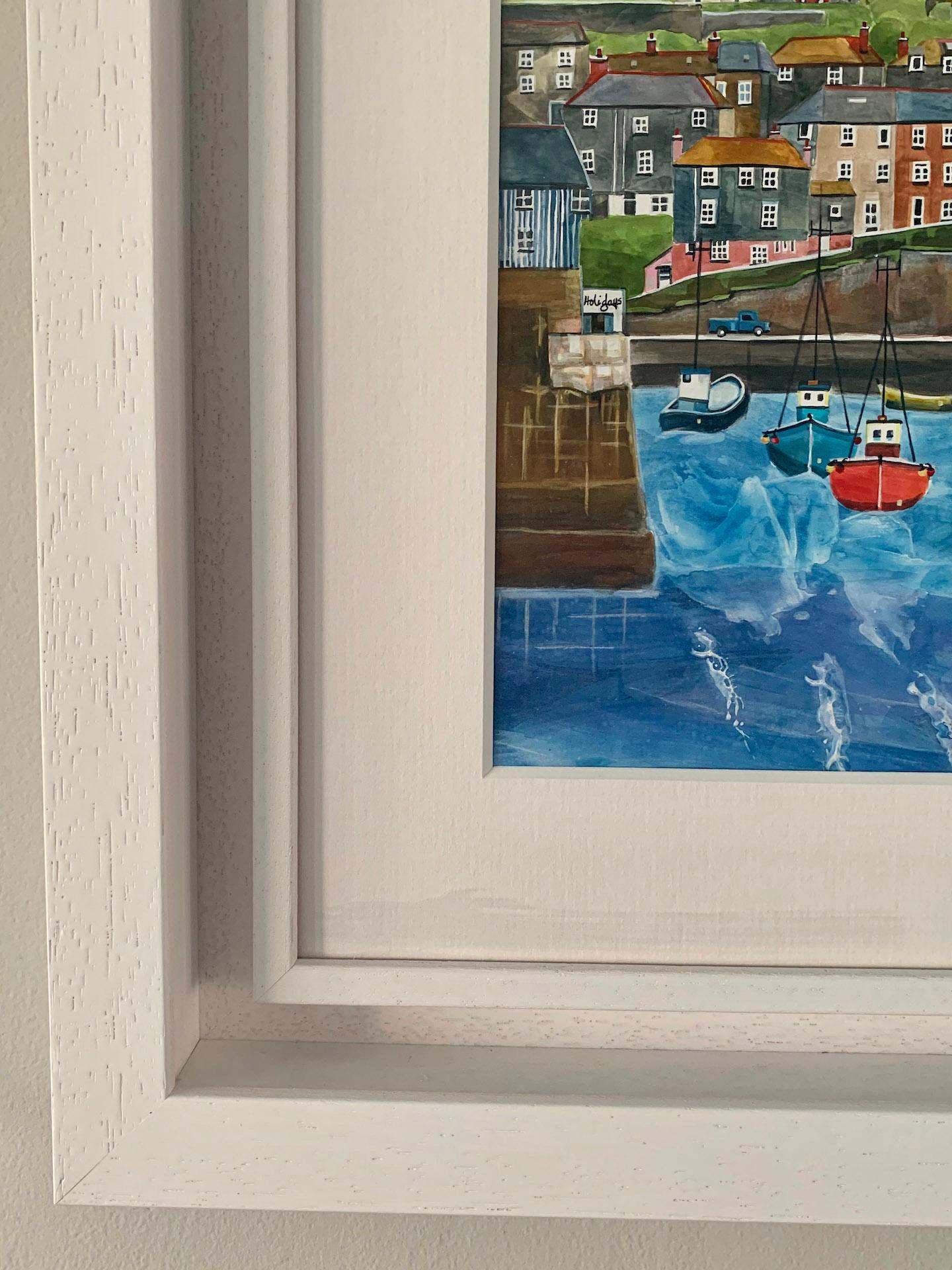 Anya Simmons
Mevagissey Harbour, Cornwall
Original seascape painting
Mixed Media on board (Gesso, acrylic and acrylic inks)
Image Size. 26cm x 26cm
Framed size. 46cm x 46cm x 4cm
Sold Framed in a Triple White Wooden Moulding with Non-Reflective Art