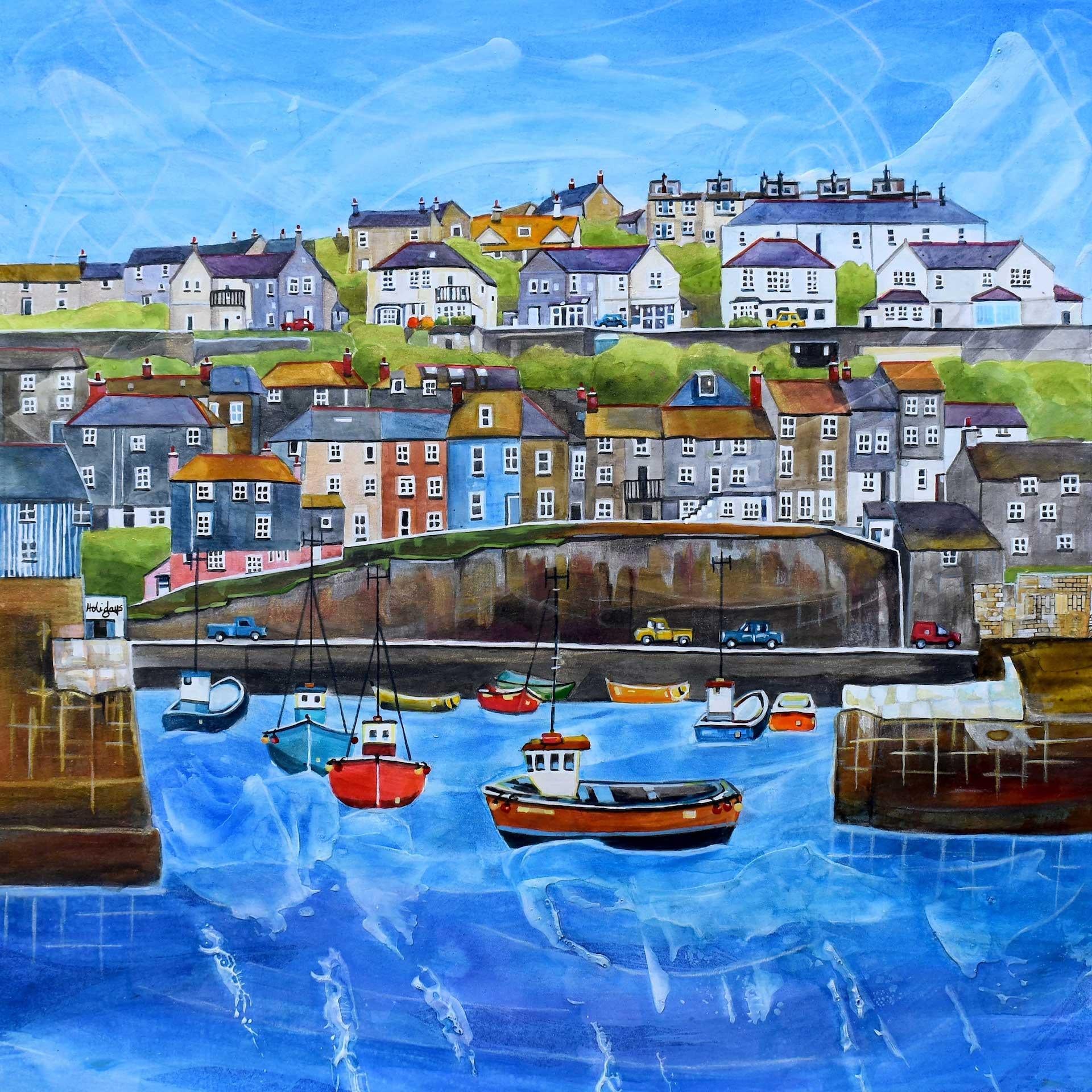 Anya Simmons, Mevagissey Harbour, Cornouailles, peinture originale en techniques mixtes