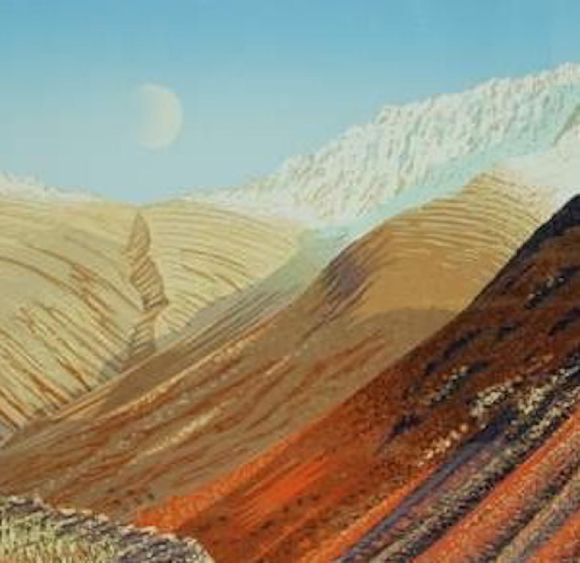 Mark A Pearce, « Moon Rising over Wastewater » (La lune s'élevant sur des eaux de décharge), gravure de paysage contemporaine en linogravure - Marron Landscape Print par Mark Pearce