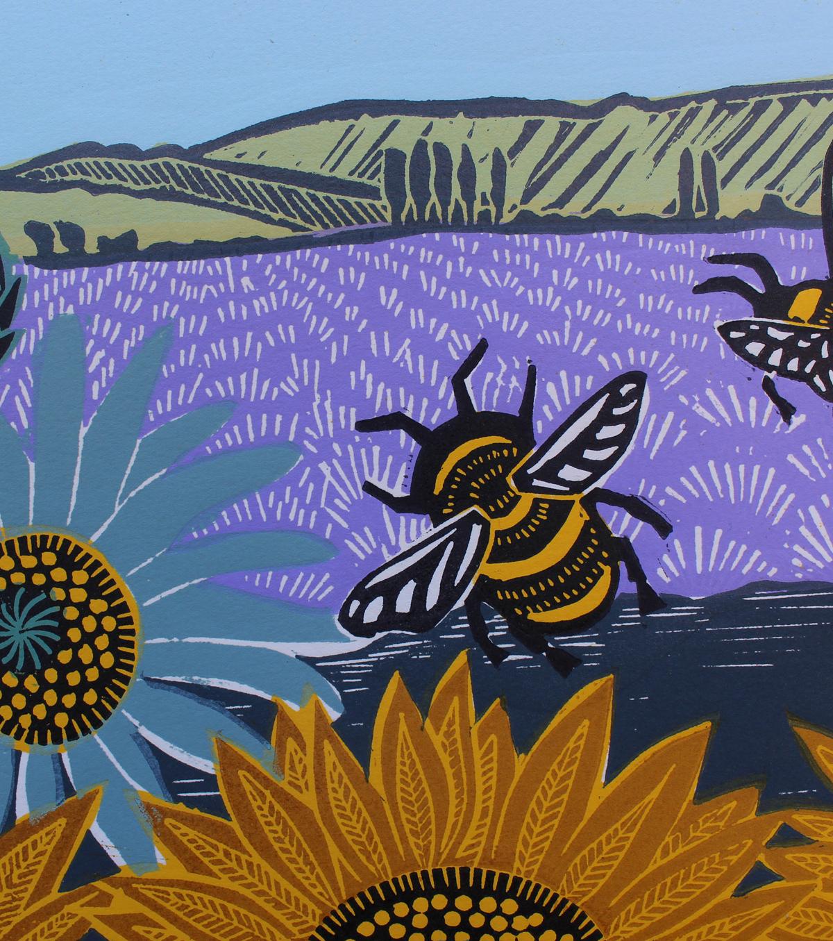 Sunflower Fields by Kate Heiss, Sunflowers, Lavender, Bees Art, Bumblebee Art For Sale 1