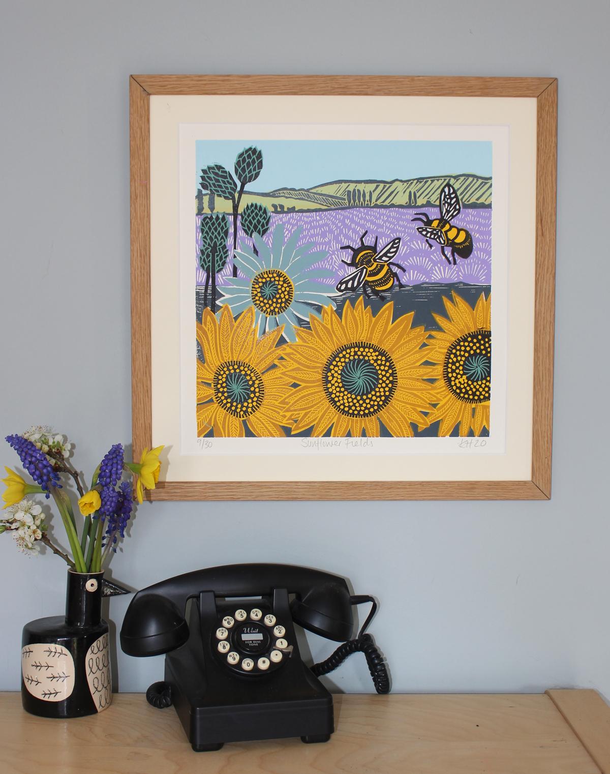 Sunflower Fields by Kate Heiss, Sunflowers, Lavender, Bees Art, Bumblebee Art For Sale 3