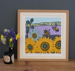 Sunflower Fields by Kate Heiss, Sunflowers, Lavender, Bees Art, Bumblebee Art