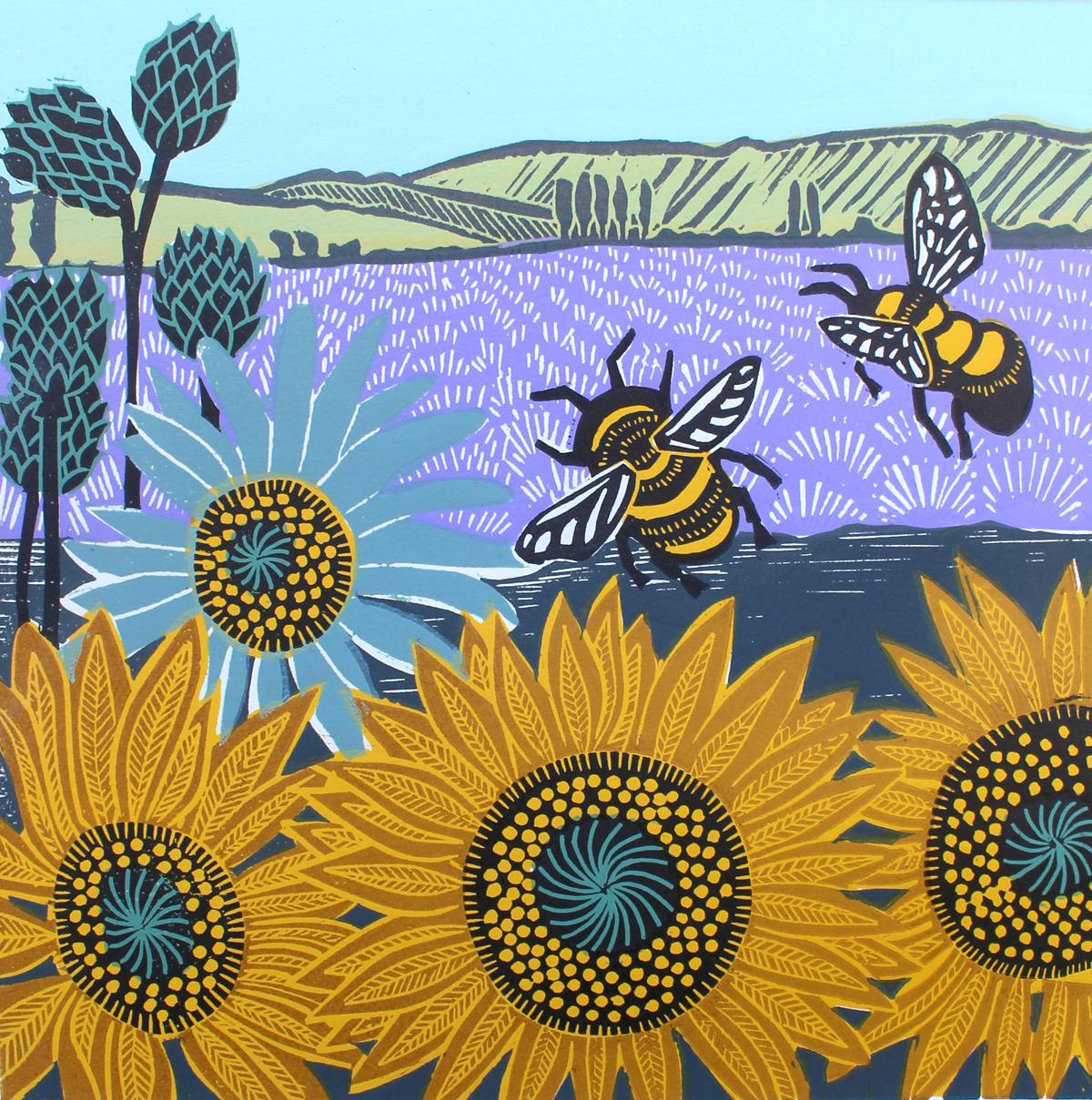 Sunflower Fields by Kate Heiss, Sunflowers, Lavender, Bees Art, Bumblebee Art For Sale 2
