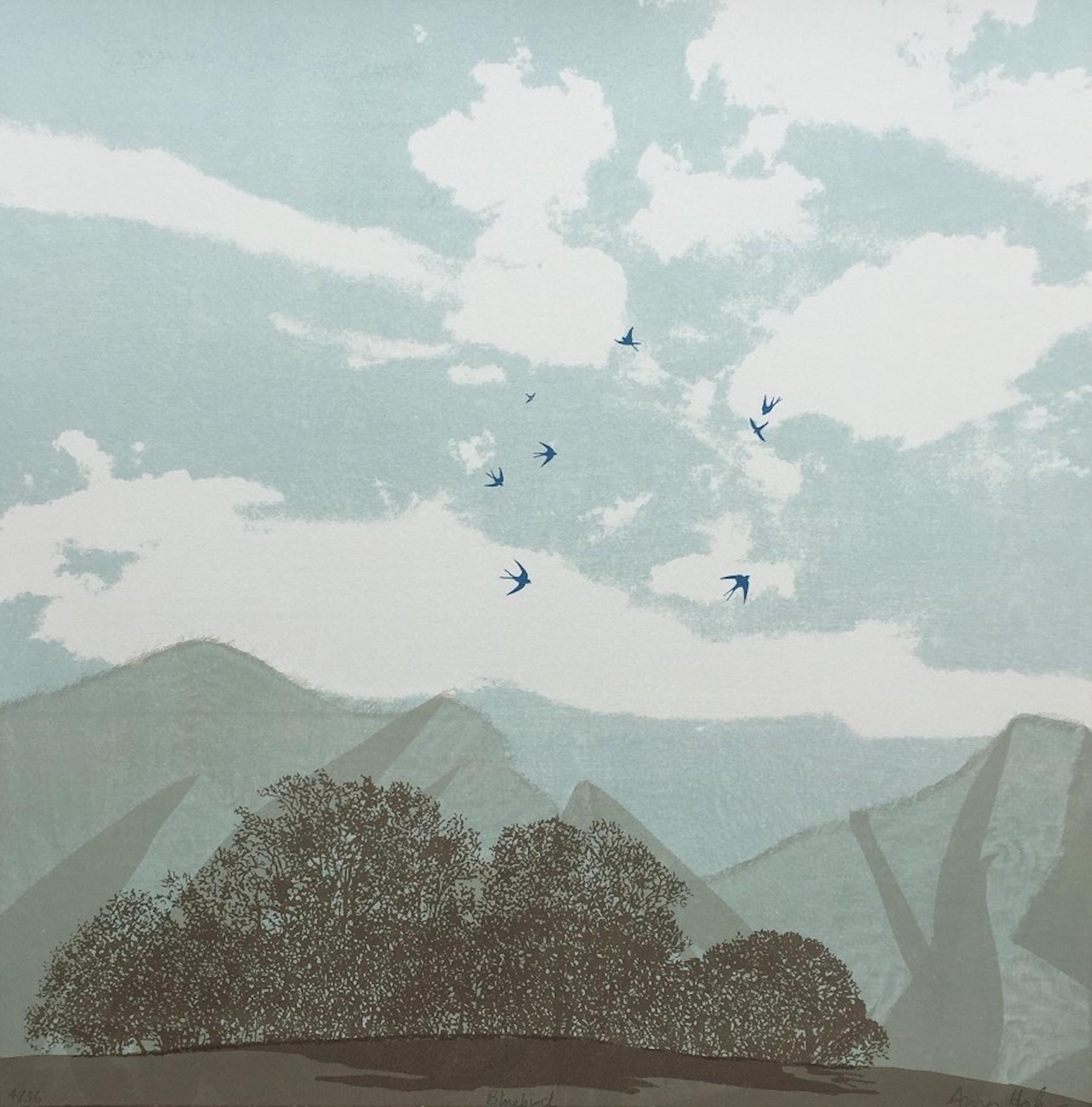 Anna Harley, Bluebird, zeitgenössischer Landschaftsdruck in limitierter Auflage, minimalistisch