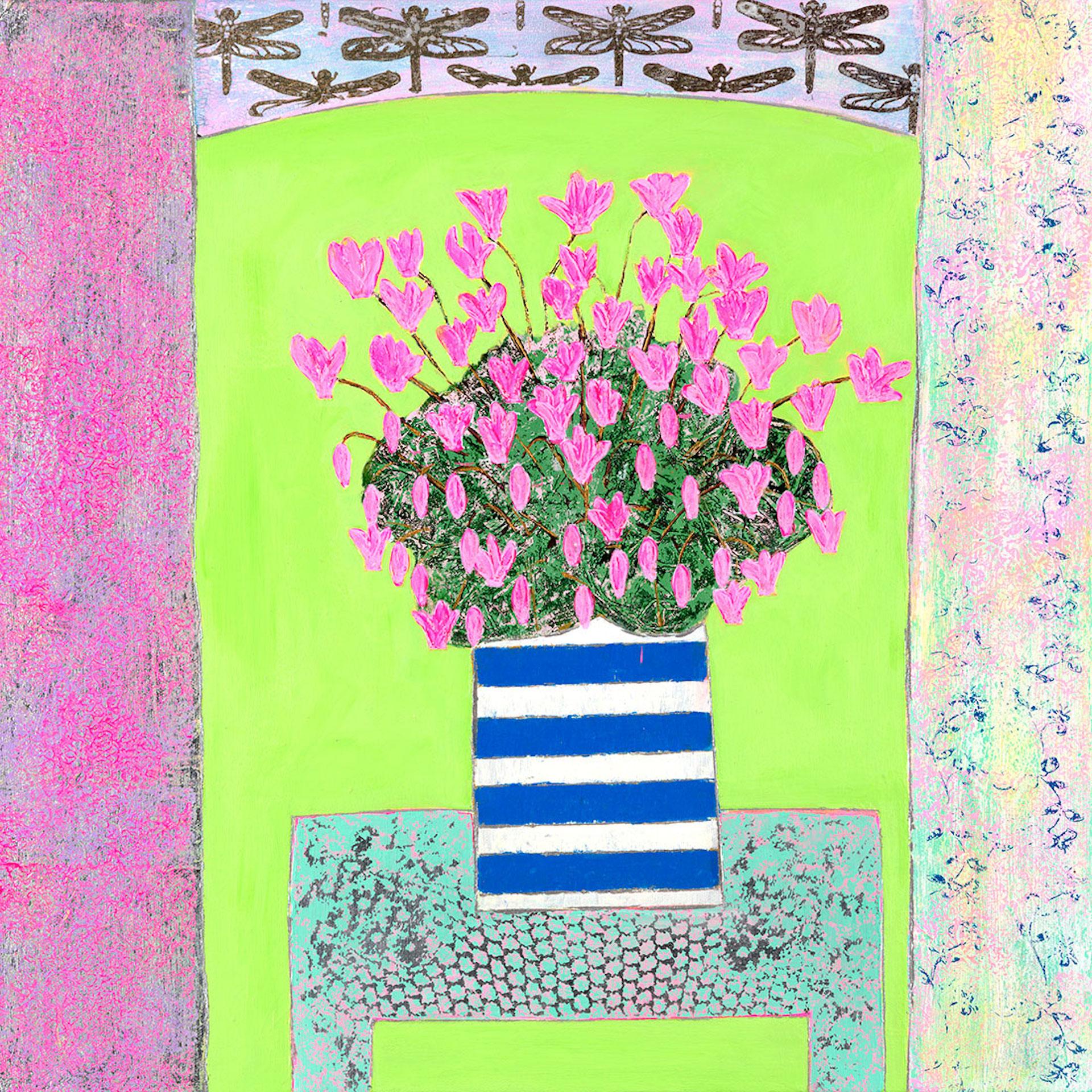 Amy Christie, Pink Cyclamens on Lime Green, Original Bright Still Life Painting