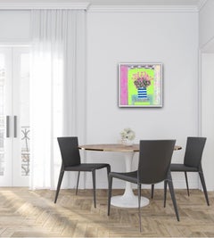 Amy Christie, Ciclamenes rosas sobre verde lima, Pintura original de bodegón brillante