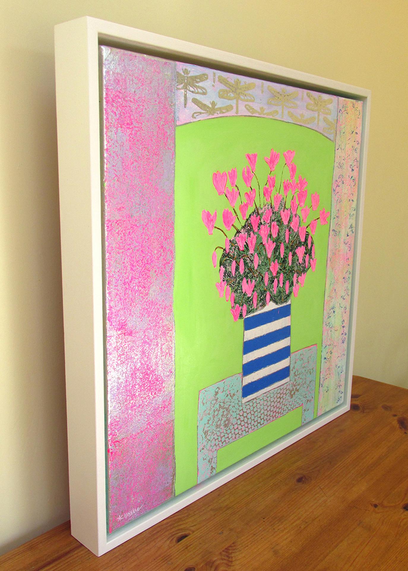Amy Christie
Pink Cyclamens on Lime Green
Original Still Life Painting
Mixed Media on Canvas
Canvas Size: H 50cm x W 50cm
Framed Size: H 54cm x W 54 cm x D 3.5cm
Framed in a White Wooden Handpainted Tray Frame

Pink Cyclamens on Lime Green is an