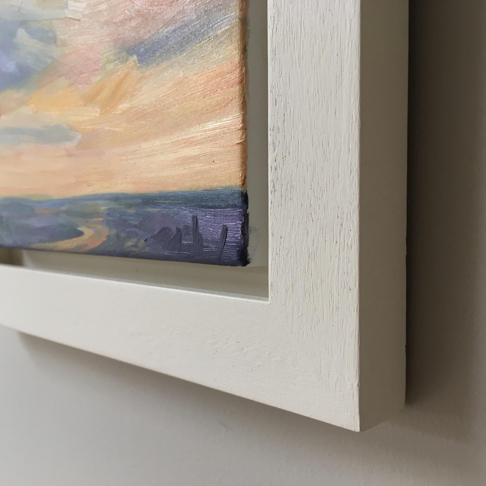 Sunset I by Suzanne Winn
Original landscape painting
Oil on canvas
Image size: H 20cm x W 20cm x D 1cm
Framed size: H 29cm x W 29cm x D 3cm
Framed in a bespoke, hand-painted wooden frame

Sunset I was inspired by glorious evening light seen across