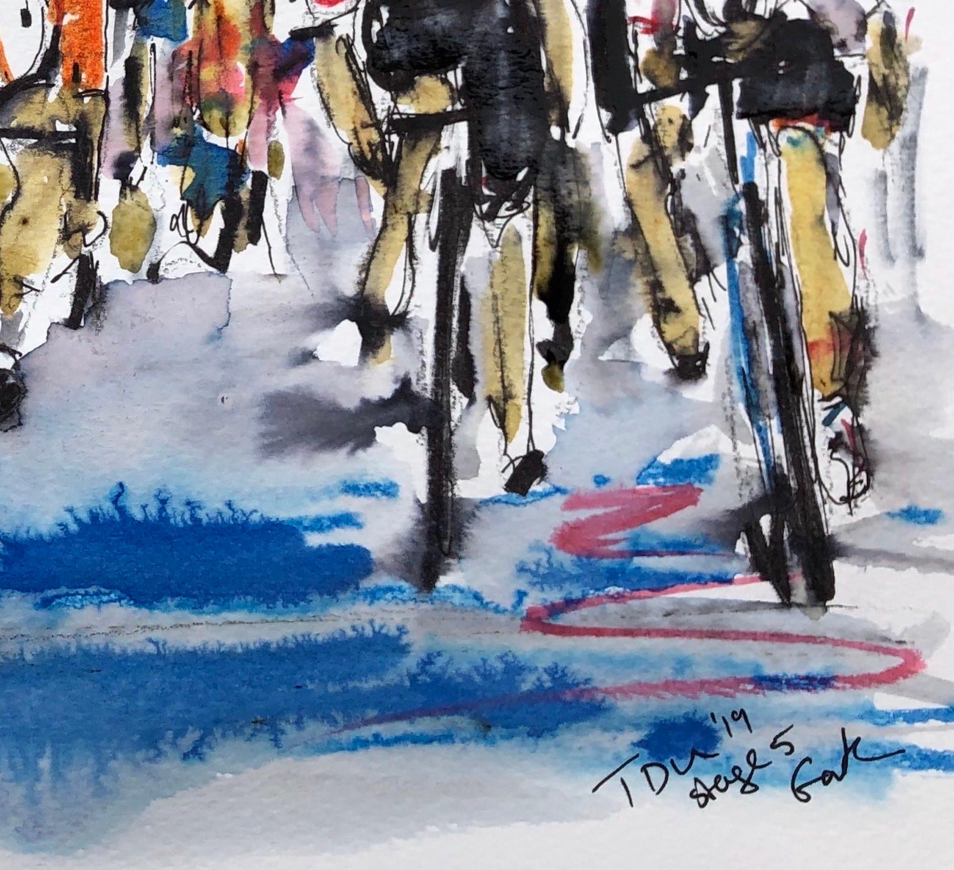 Stage 5 Tour Down Under BY GARTH BAYLEY, Original Cyclist Painting, Sports Art - Gray Abstract Painting by Garth Bayley