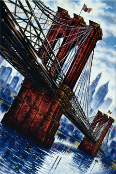 John Duffin, Brooklyn Bridge, Peinture originale d'un paysage urbain, NYC Landmark Art