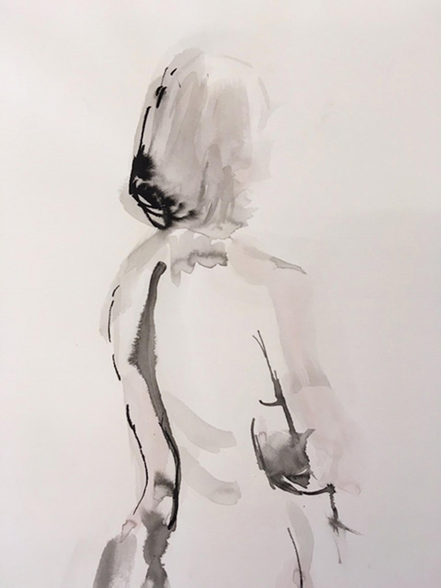 Mary Knowland, Mirando por encima, Dibujo original de desnudo, Dibujo en blanco y negro 4