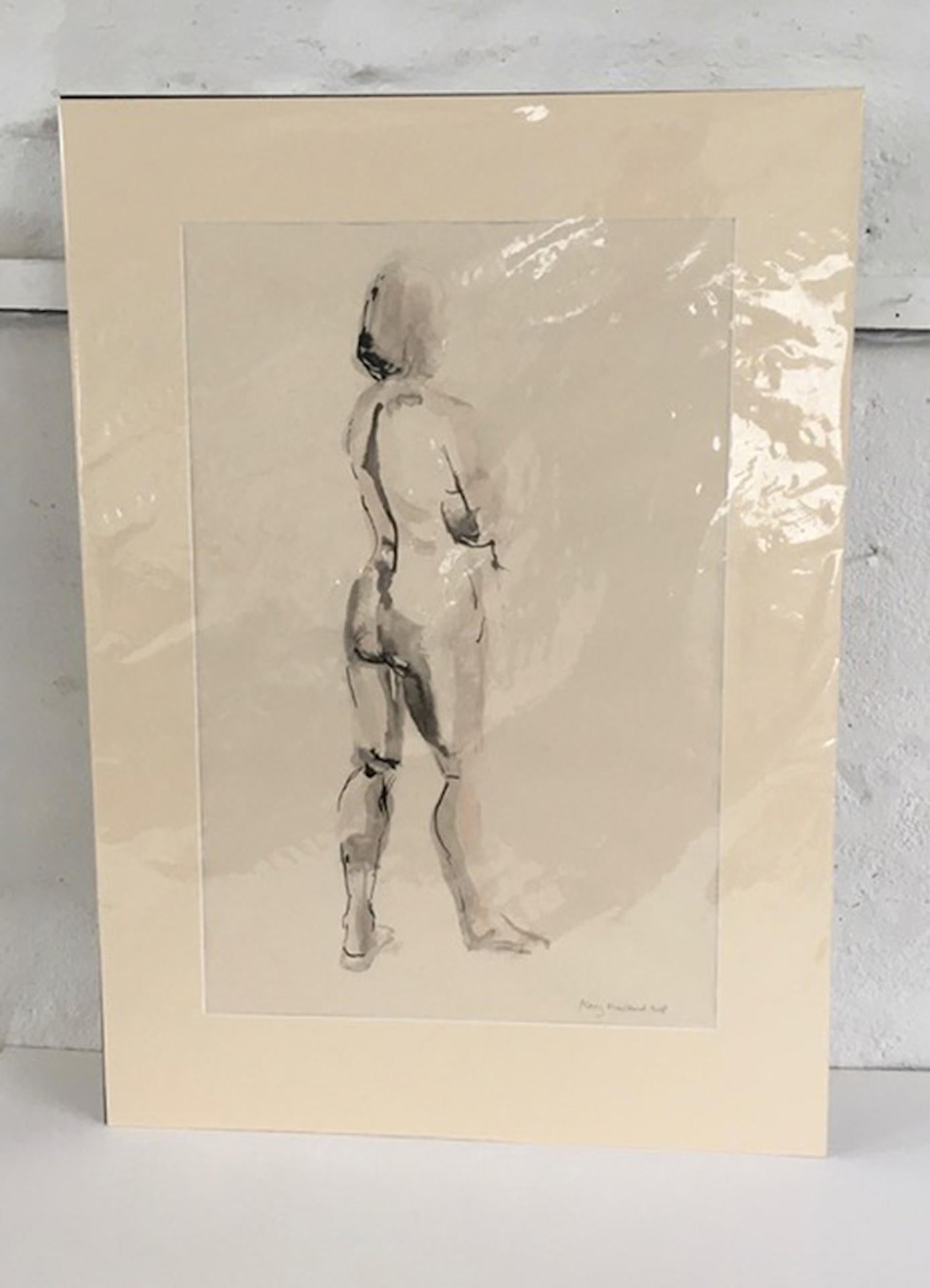 Mary Knowland, Mirando por encima, Dibujo original de desnudo, Dibujo en blanco y negro 2