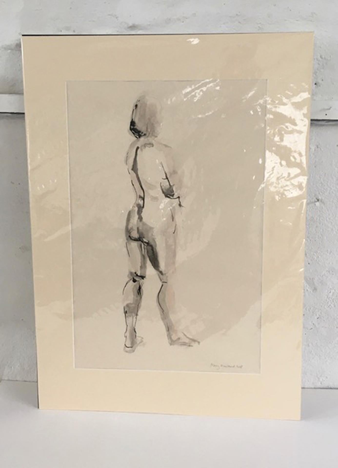 Mary Knowland, Looking Over, Original nudefarbene Zeichnung, Schwarz-Weiß-Zeichnung im Angebot 2