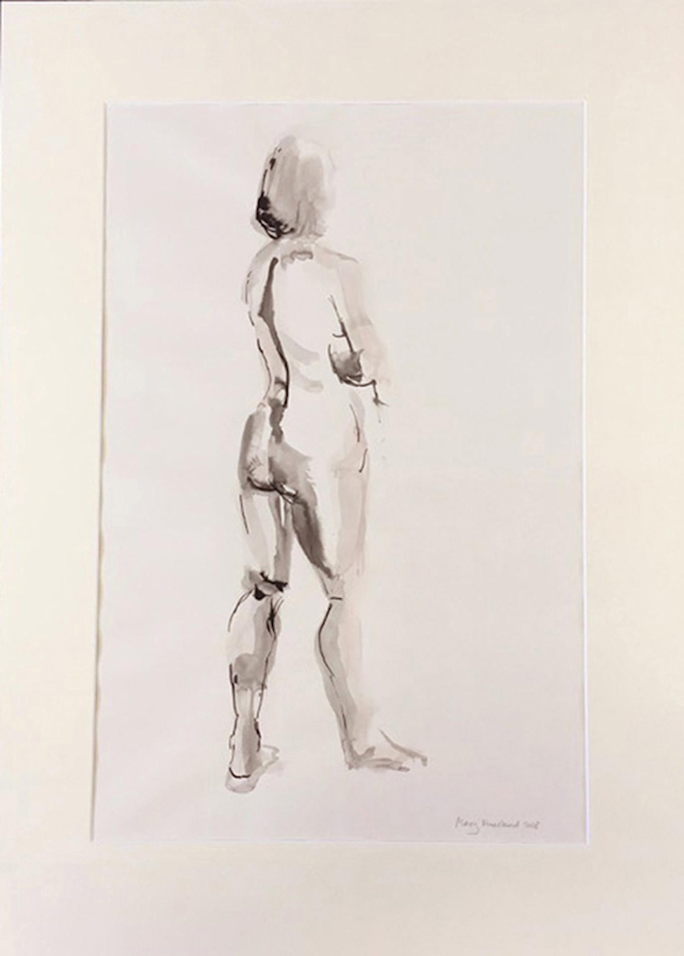 Mary Knowland, Looking Over, Original nudefarbene Zeichnung, Schwarz-Weiß-Zeichnung