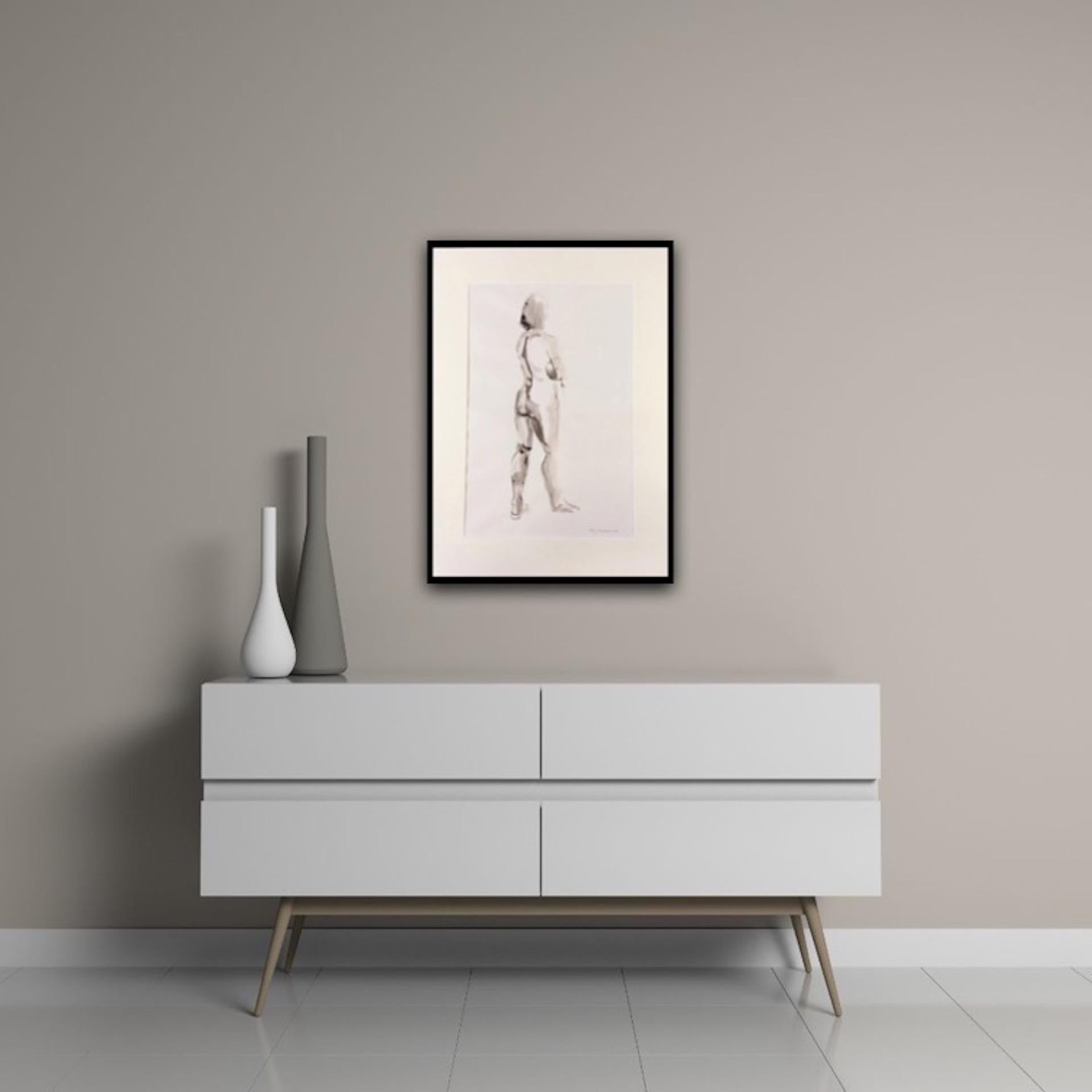 Mary Knowland, Looking Over, Original Nude Drawing, Black and White Drawing For Sale 1