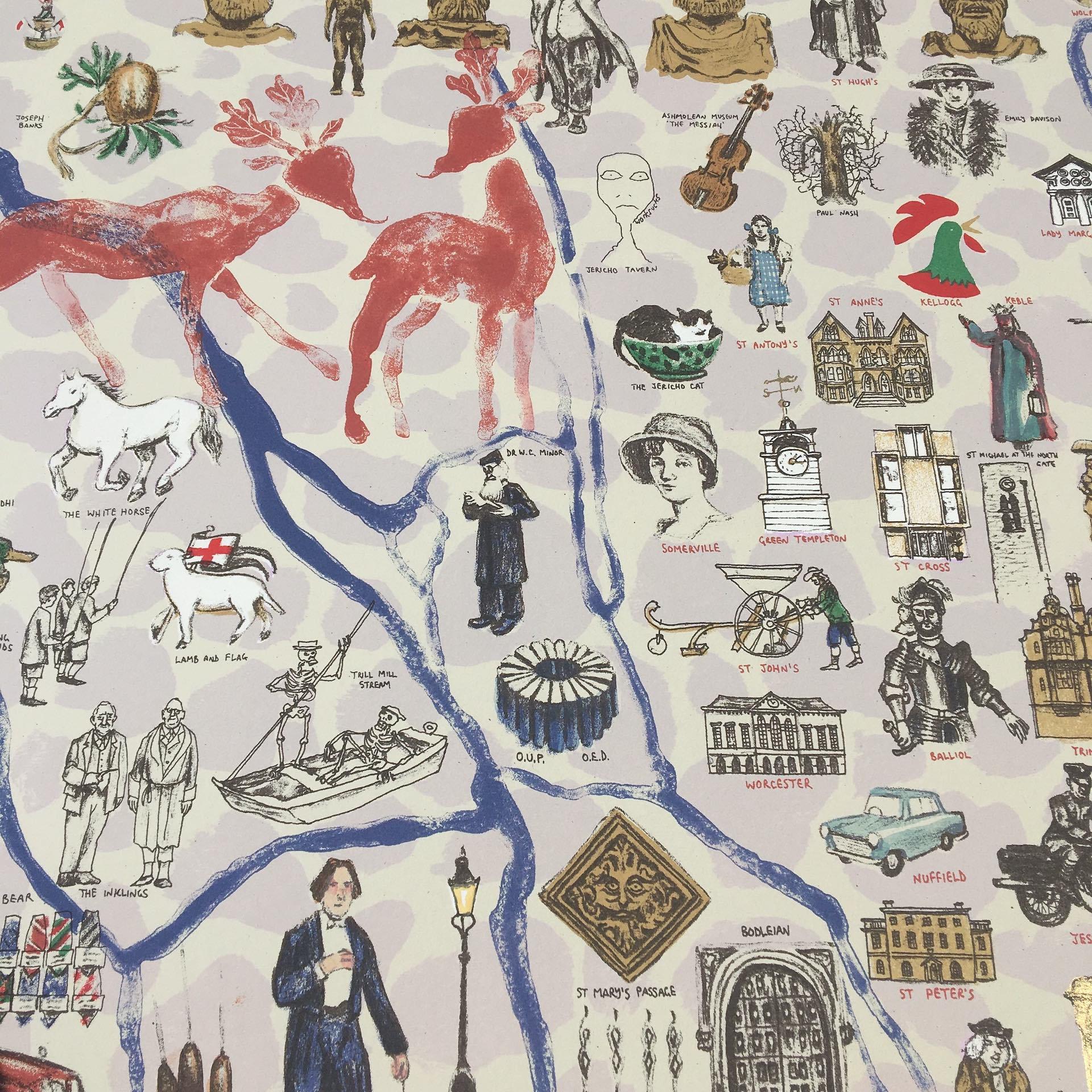 Mychael Barratt, On the Shoulders of Giants, Bright Illustrative Map of Oxford For Sale 4