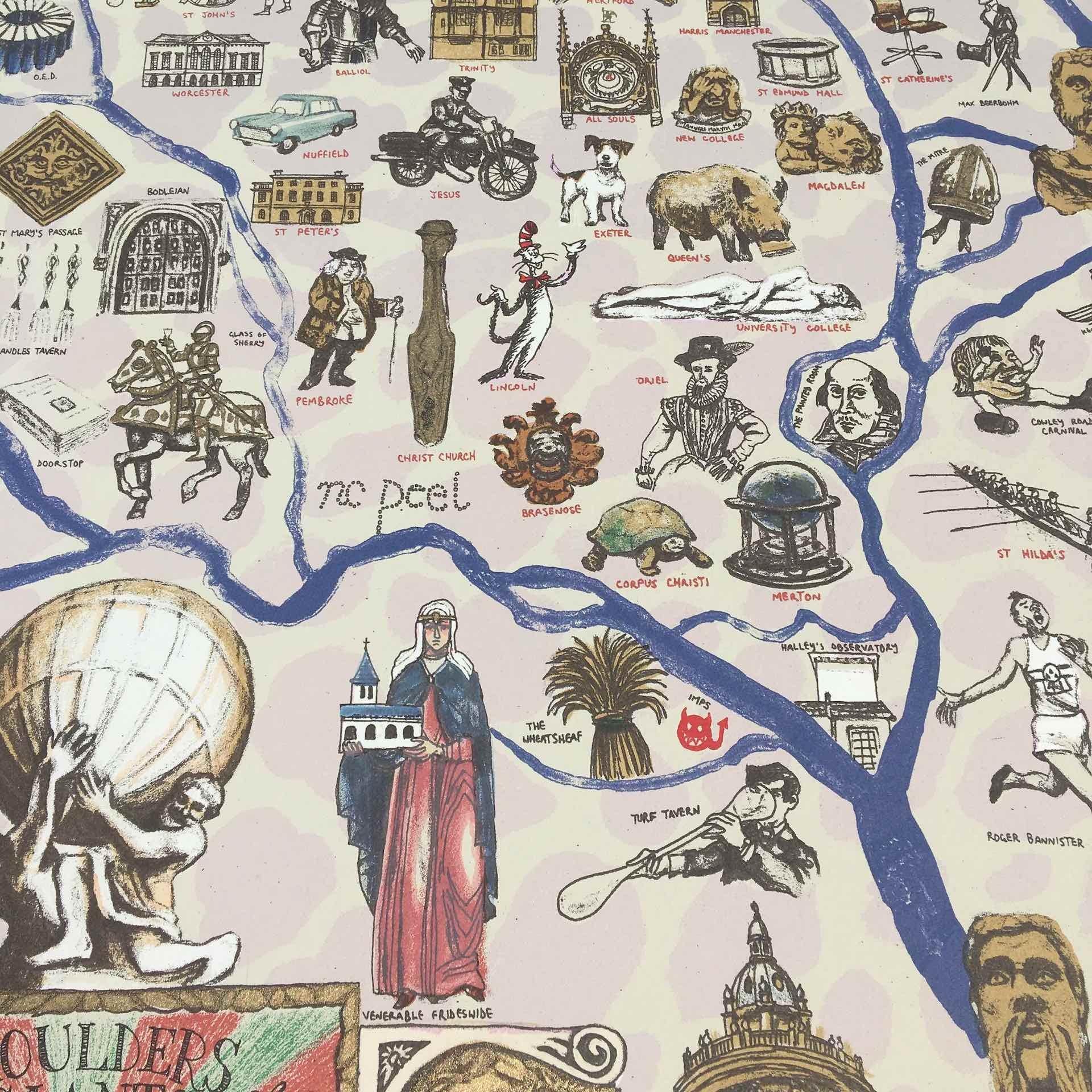 Mychael Barratt, On the Shoulders of Giants, Bright Illustrative Map of Oxford For Sale 5
