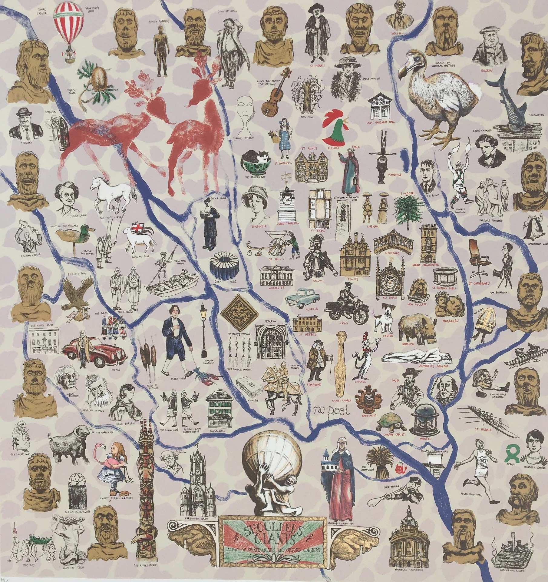 Mychael Barratt, On the Shoulders of Giants, Leuchtend illustrierte Karte von Oxford