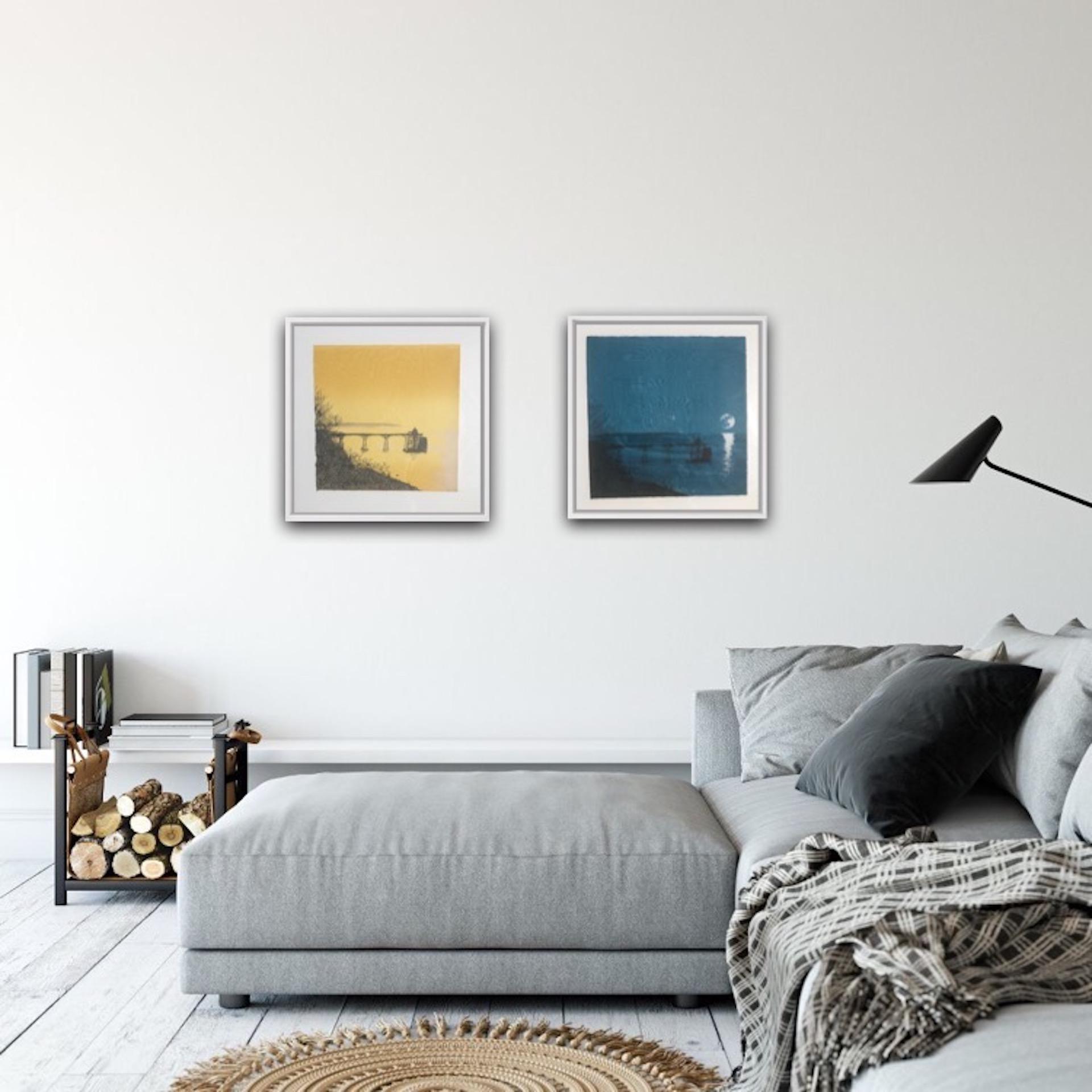 Anna Harley
Cleredon Pier Diptych
Limited Edition Silkscreen Prints
Editions of 30
Individual Sheet Sizes: H 38cm x W 37.5cm x D 0.1cm
Minimum Hanging Space needed : H 43cm x W 81cm
Sold Unframed
Please note that insitu images are purely an